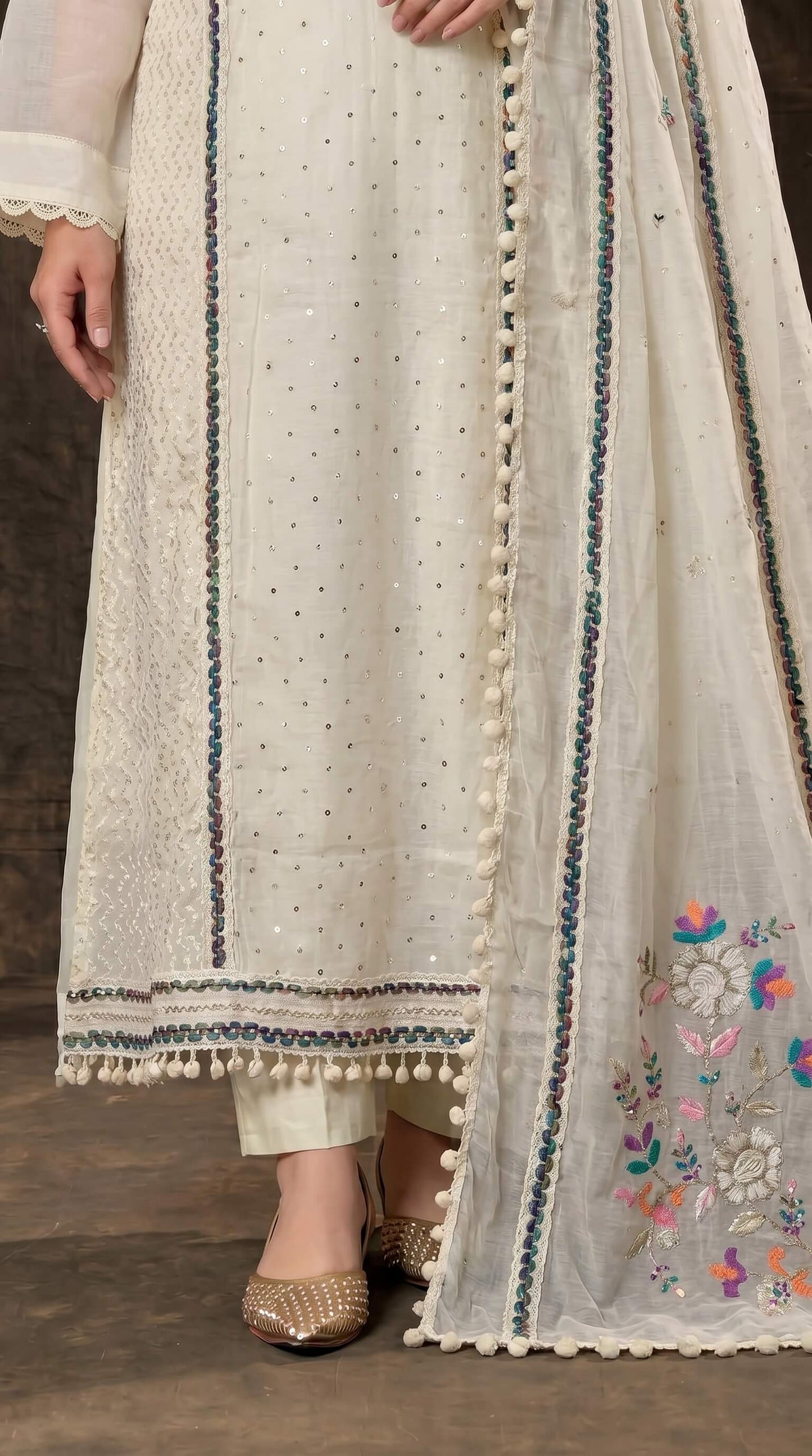 Premium Pakistani Mull Chanderi Suit with Sequin Work & Embroidered Dupatta