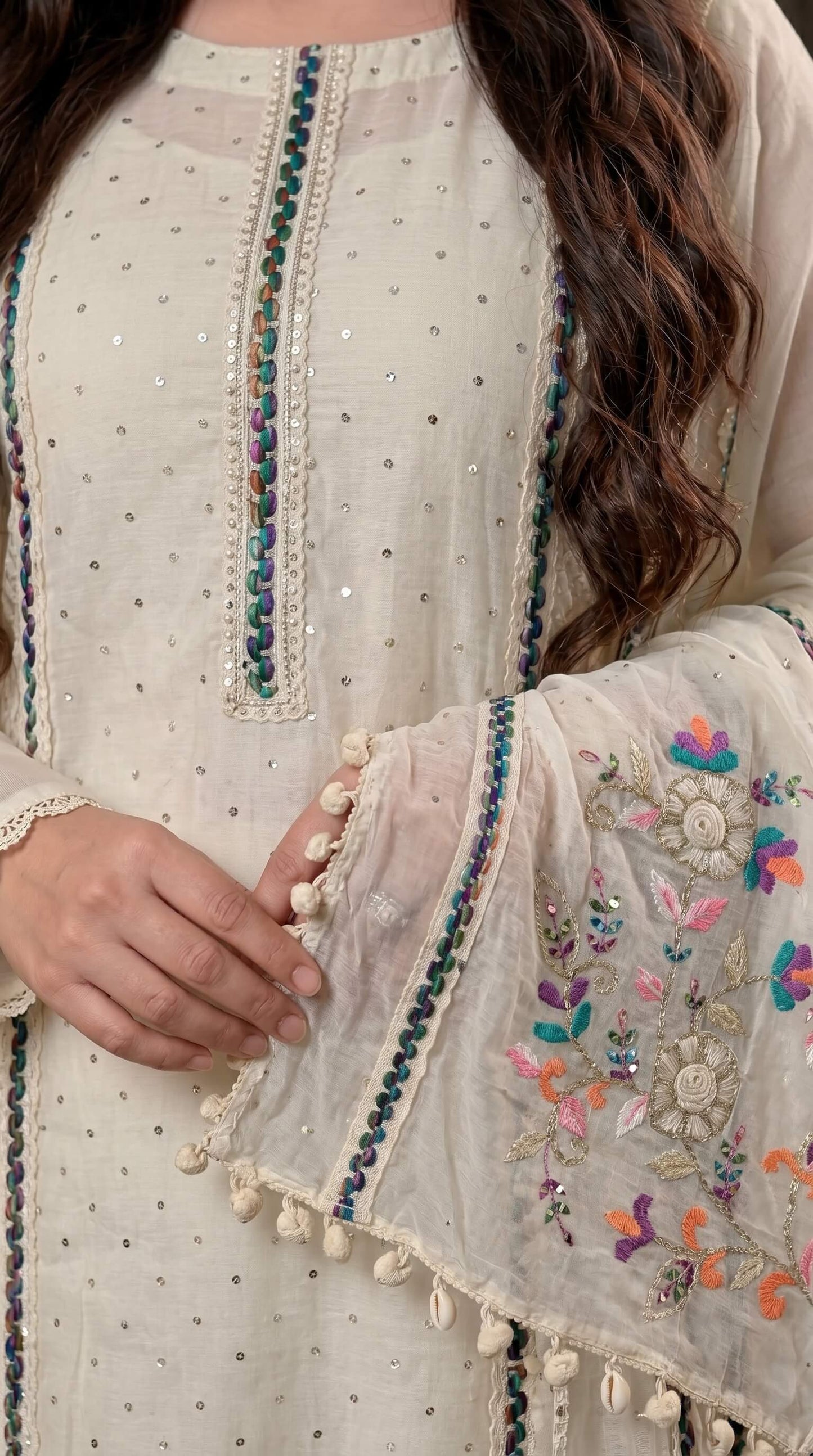 Premium Pakistani Mull Chanderi Suit with Sequin Work & Embroidered Dupatta