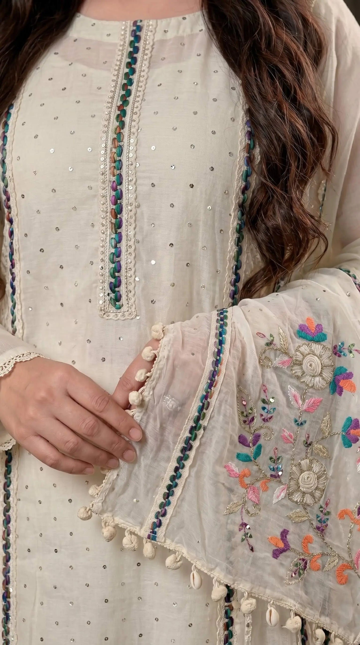 Premium Pakistani Mull Chanderi Suit with Sequin Work & Embroidered Dupatta