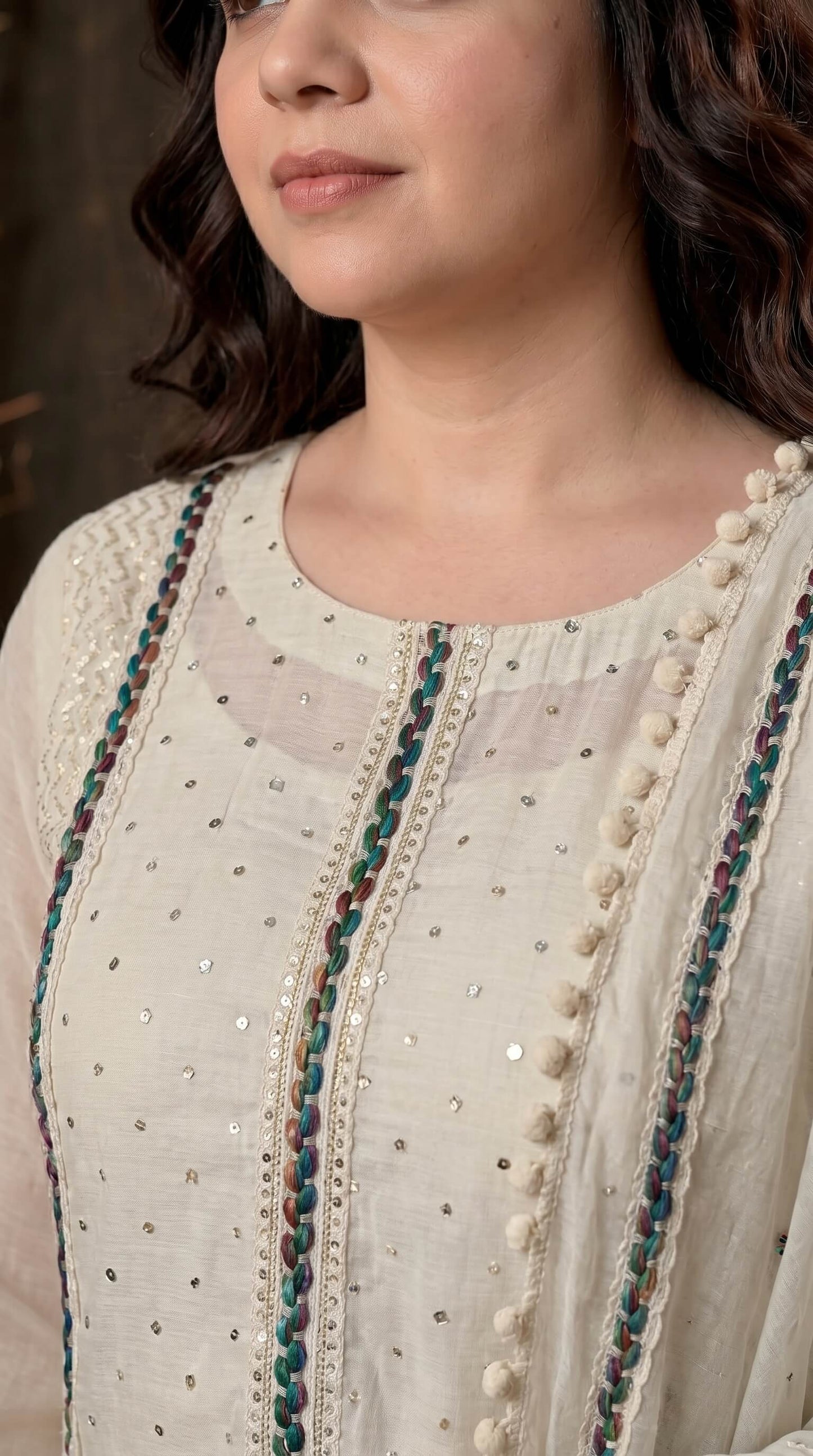 Premium Pakistani Mull Chanderi Suit with Sequin Work & Embroidered Dupatta