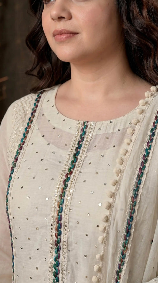 Premium Pakistani Mull Chanderi Suit with Sequin Work & Embroidered Dupatta