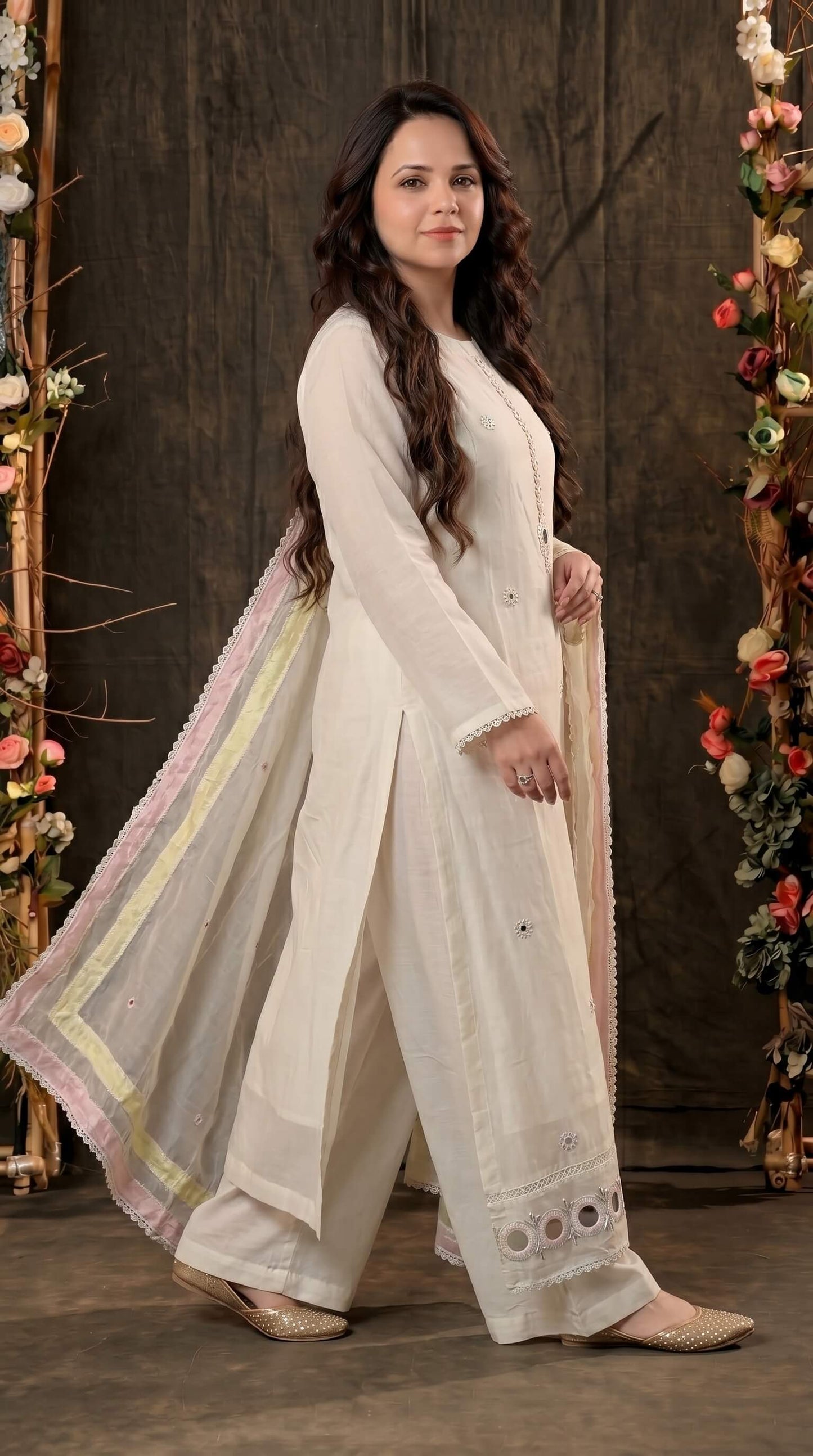 Designer Pakistani Suit with Mirror Embroidery & Soft Cotton Dupatta