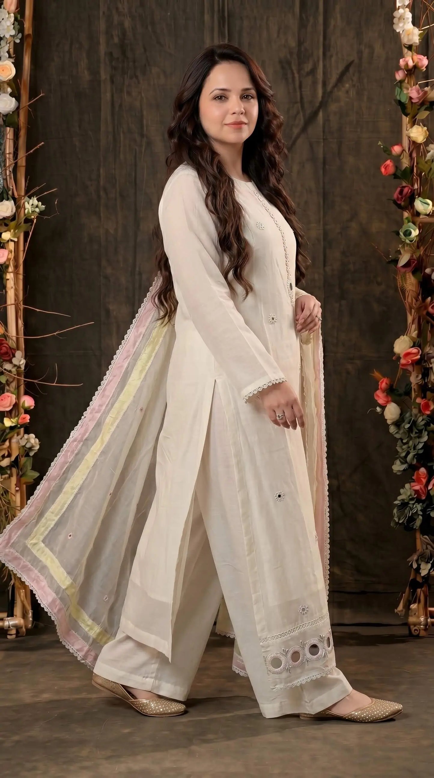 Designer Pakistani Suit with Mirror Embroidery & Soft Cotton Dupatta