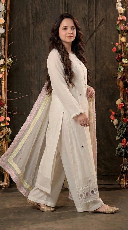 Designer Pakistani Suit with Mirror Embroidery & Soft Cotton Dupatta