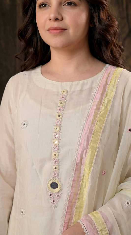 Designer Pakistani Suit with Mirror Embroidery & Soft Cotton Dupatta
