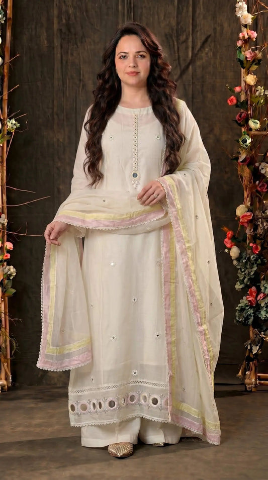 Designer Pakistani Suit with Mirror Embroidery & Soft Cotton Dupatta