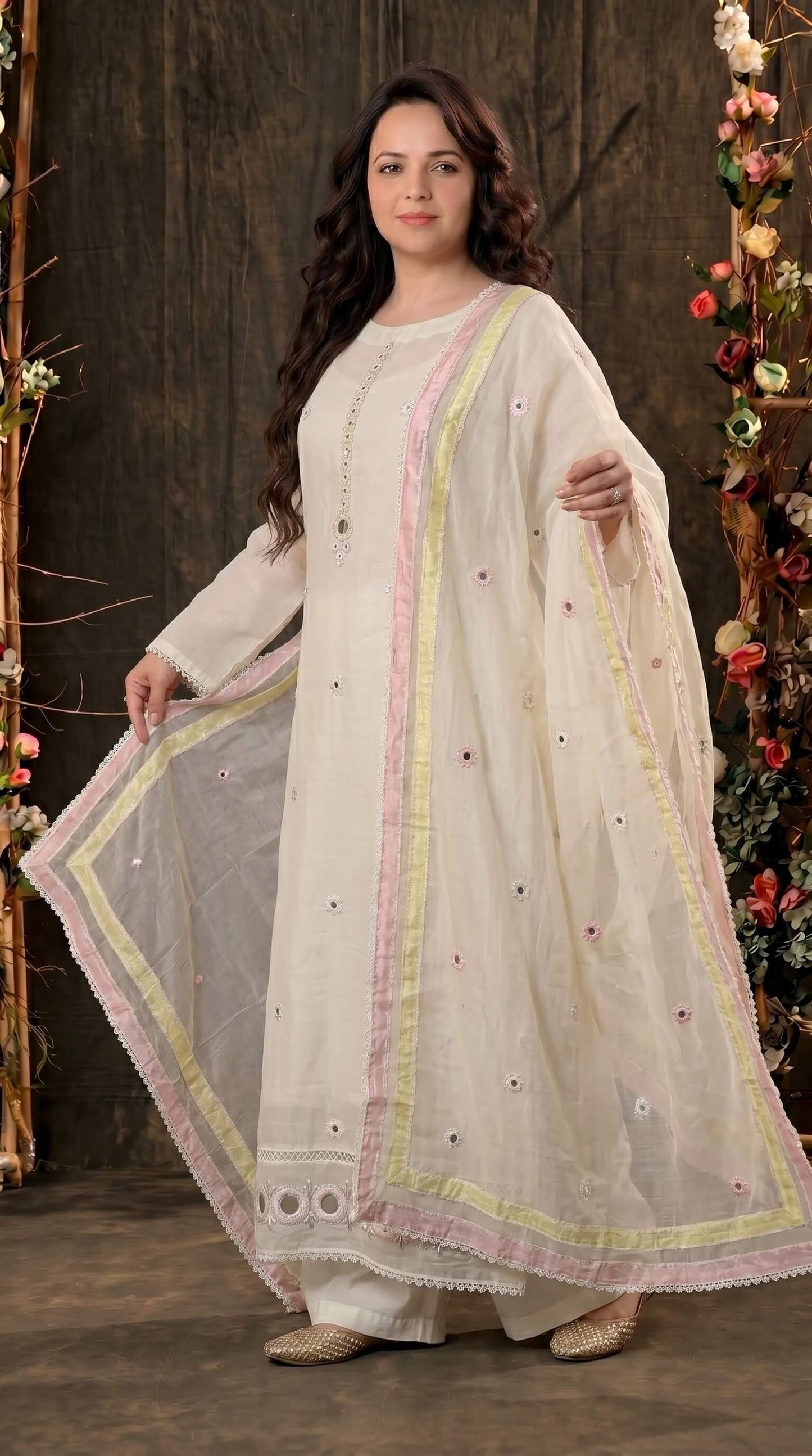 Designer Pakistani Suit with Mirror Embroidery & Soft Cotton Dupatta