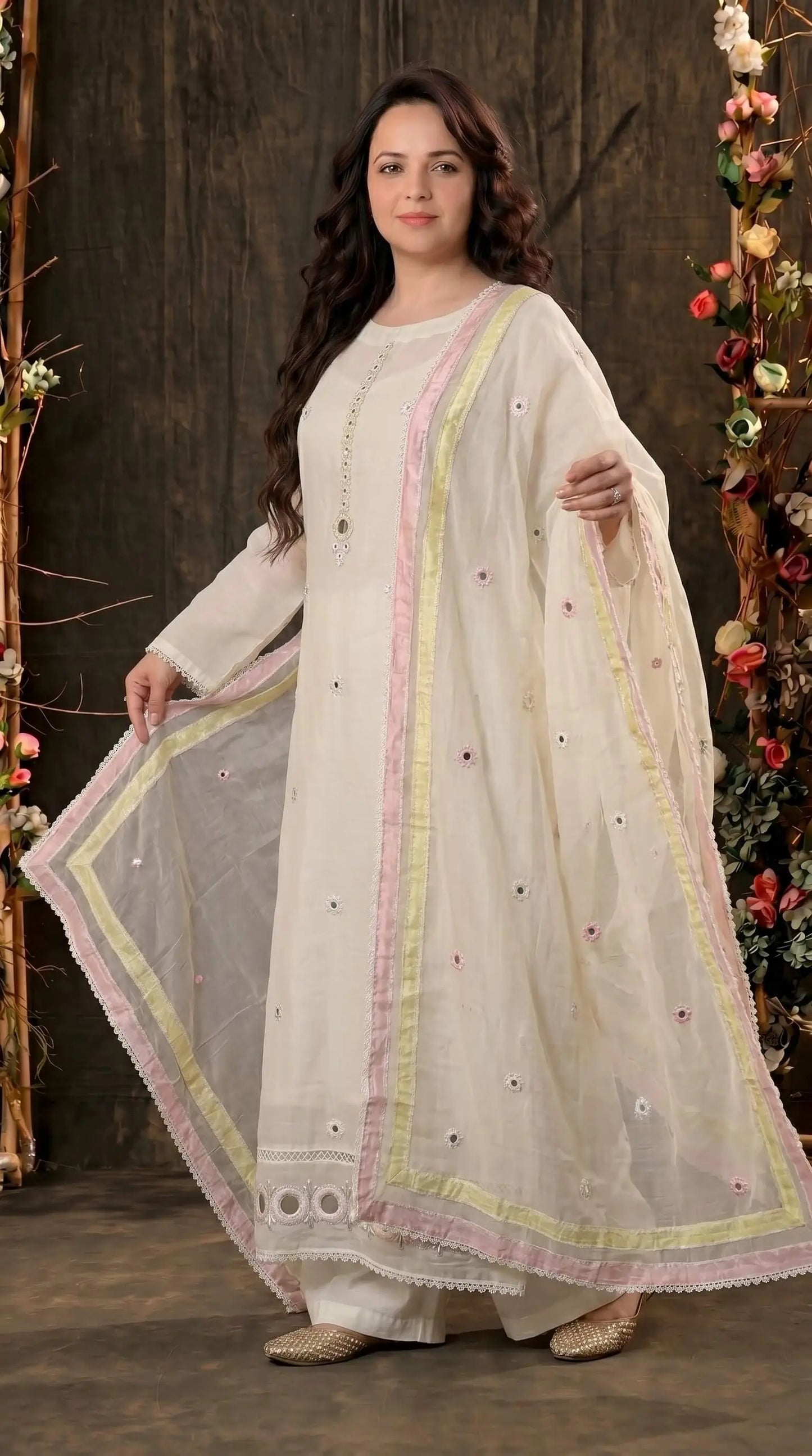 Designer Pakistani Suit with Mirror Embroidery & Soft Cotton Dupatta