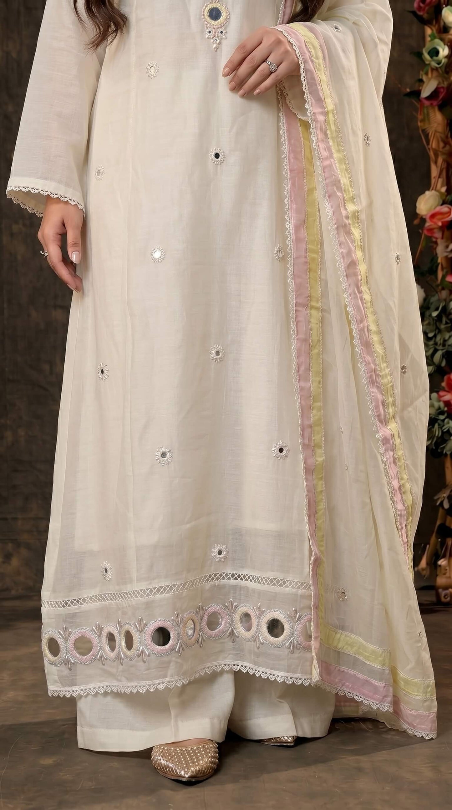 Designer Pakistani Suit with Mirror Embroidery & Soft Cotton Dupatta