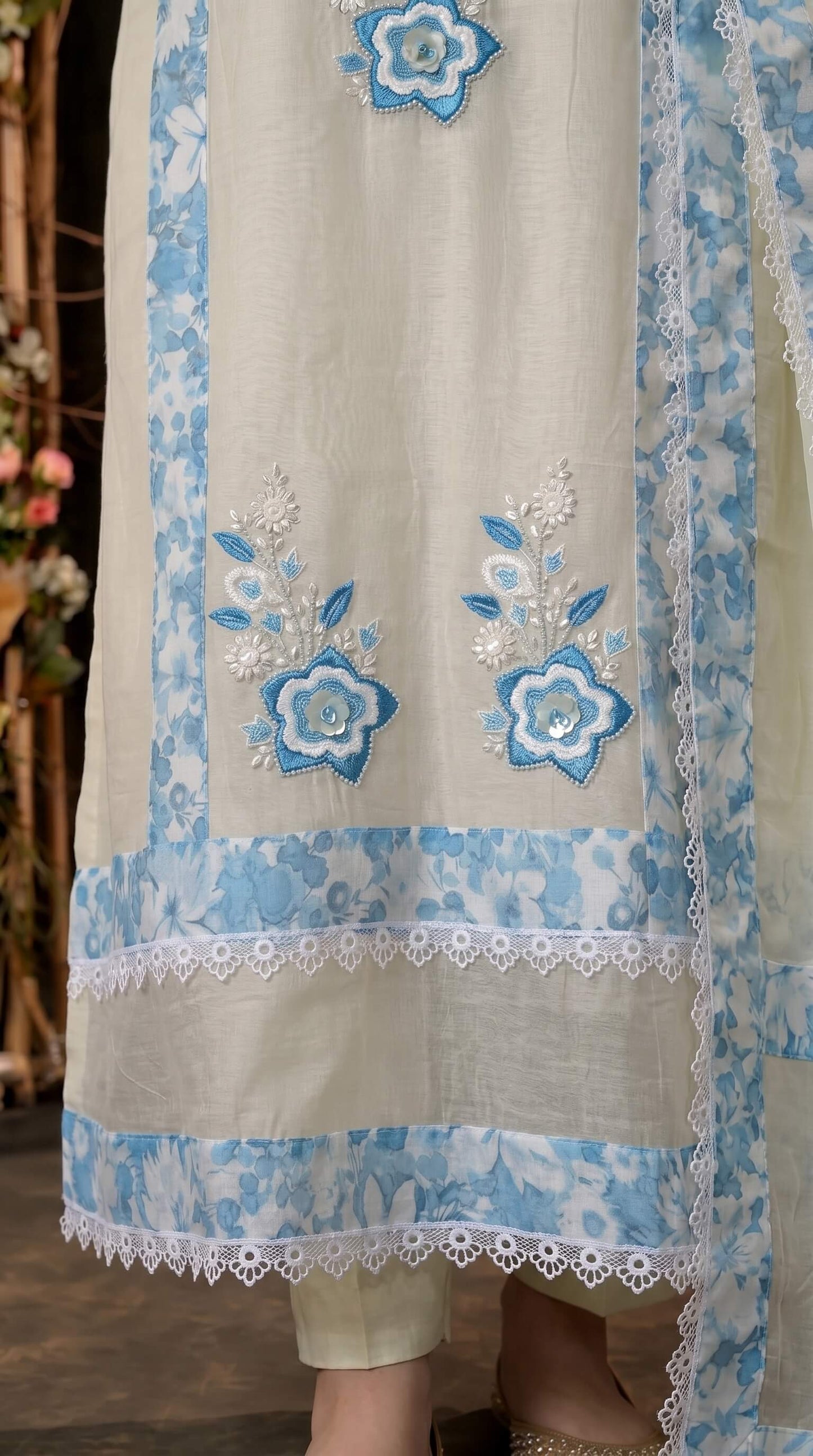 Soft Mull Cotton Pakistani Suit with Blue Floral Borders & Lace Detailing