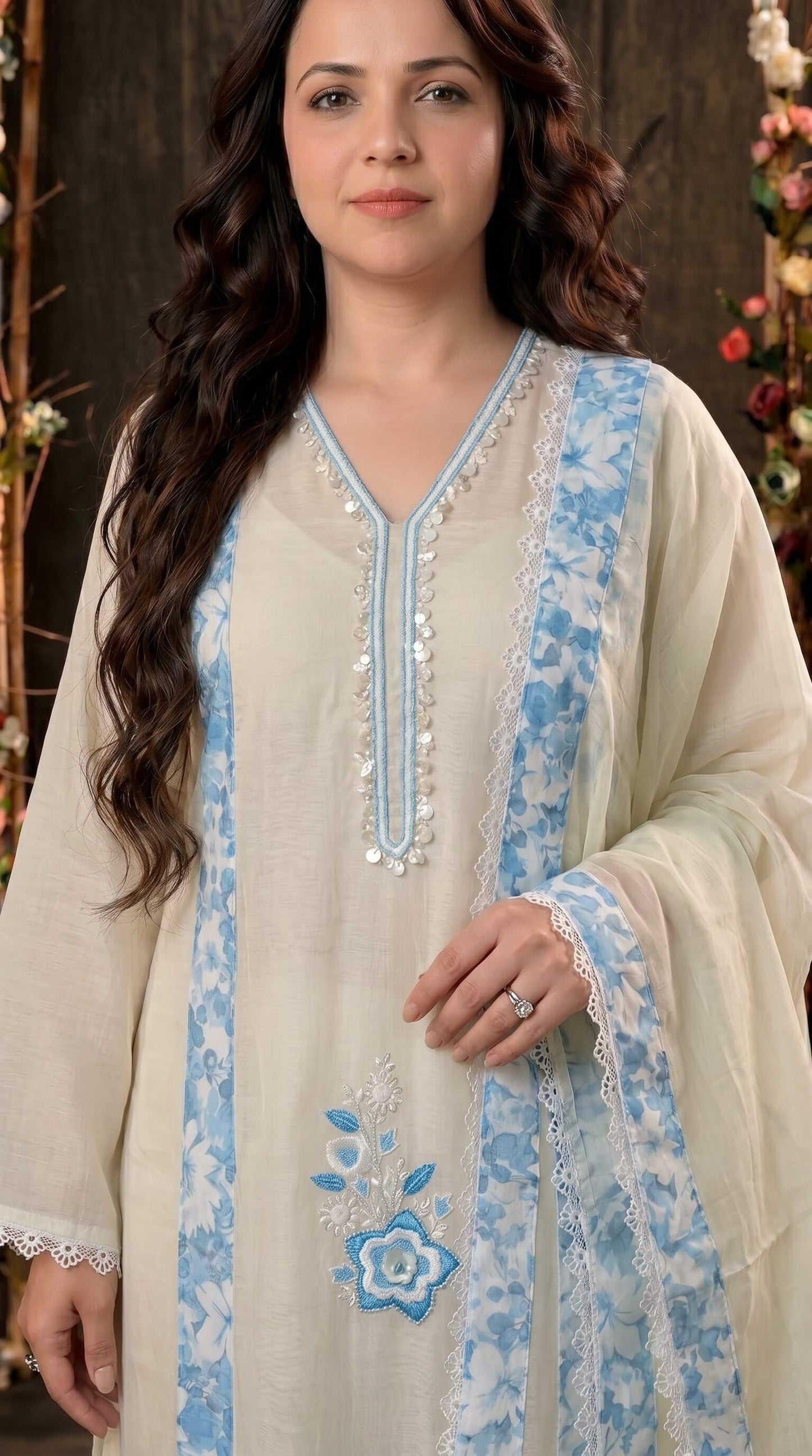 Soft Mull Cotton Pakistani Suit with Blue Floral Borders & Lace Detailing