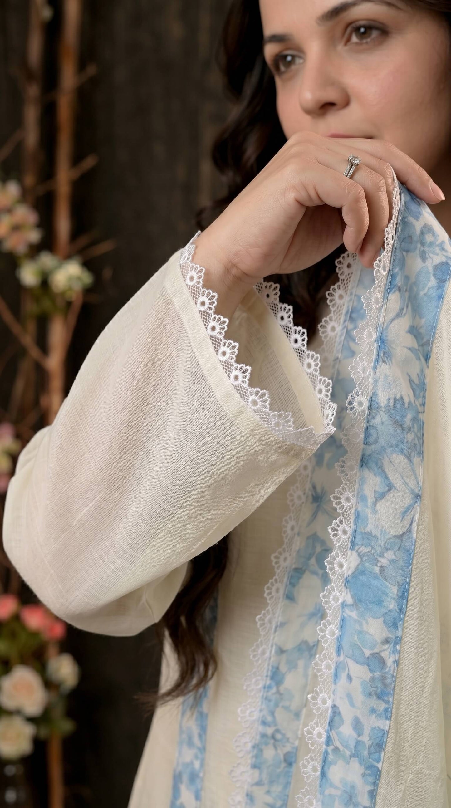 Soft Mull Cotton Pakistani Suit with Blue Floral Borders & Lace Detailing