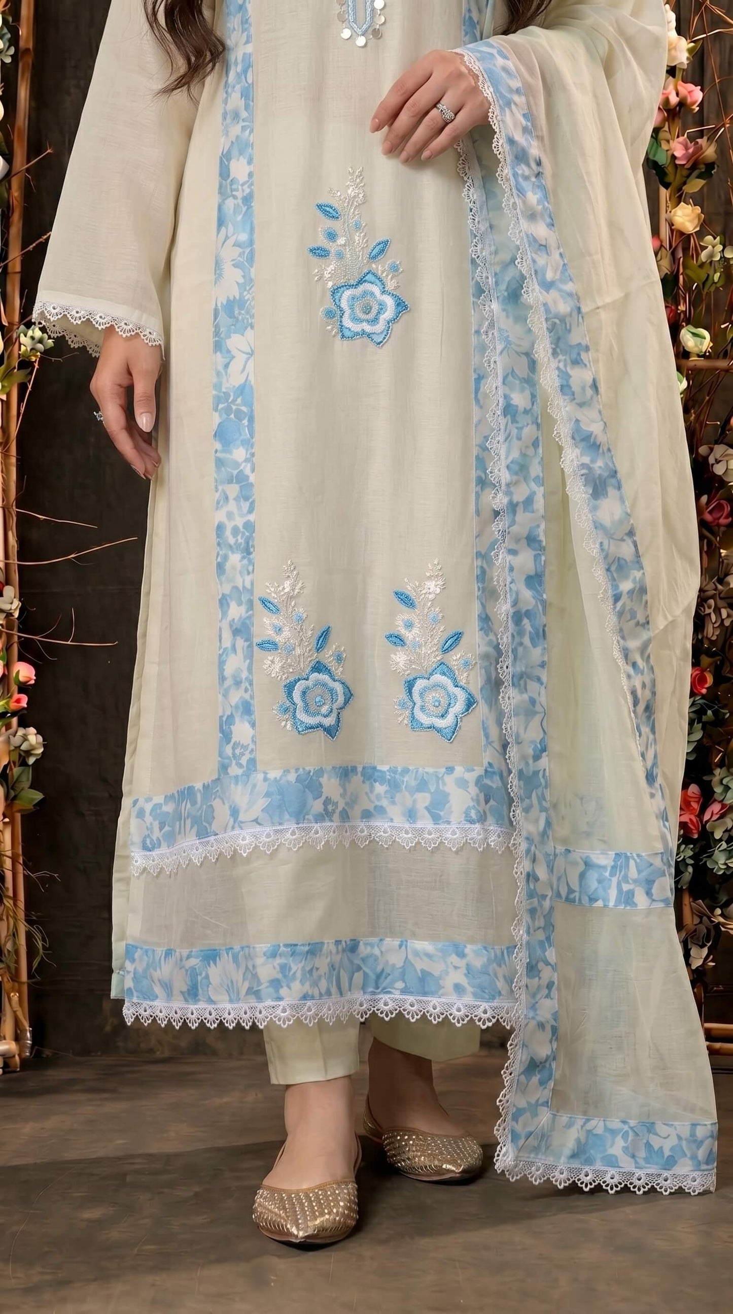 Soft Mull Cotton Pakistani Suit with Blue Floral Borders & Lace Detailing