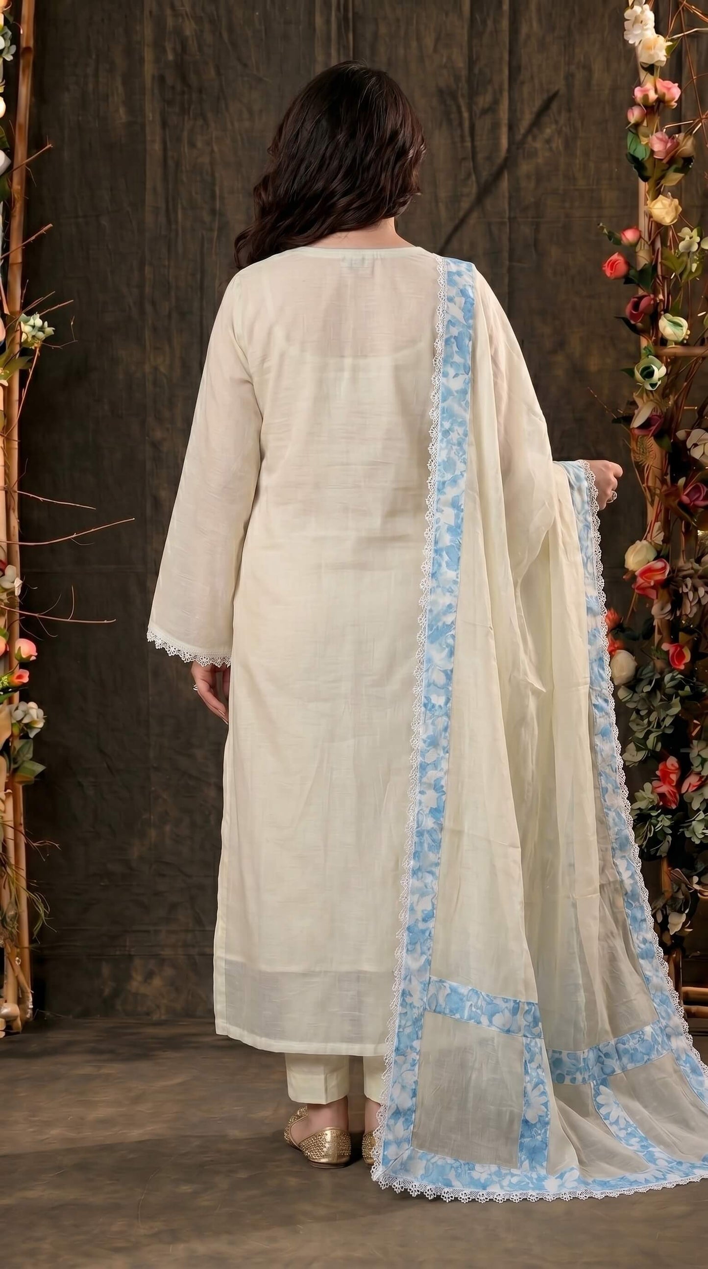 Soft Mull Cotton Pakistani Suit with Blue Floral Borders & Lace Detailing