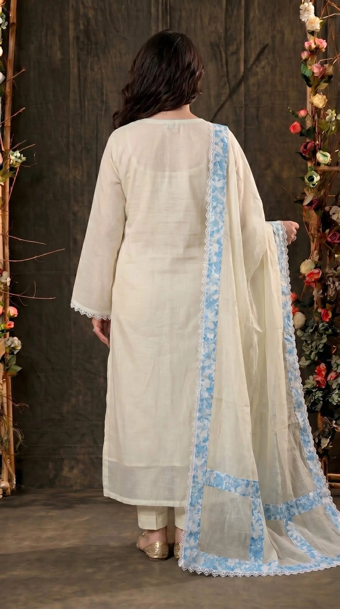 Soft Mull Cotton Pakistani Suit with Blue Floral Borders & Lace Detailing