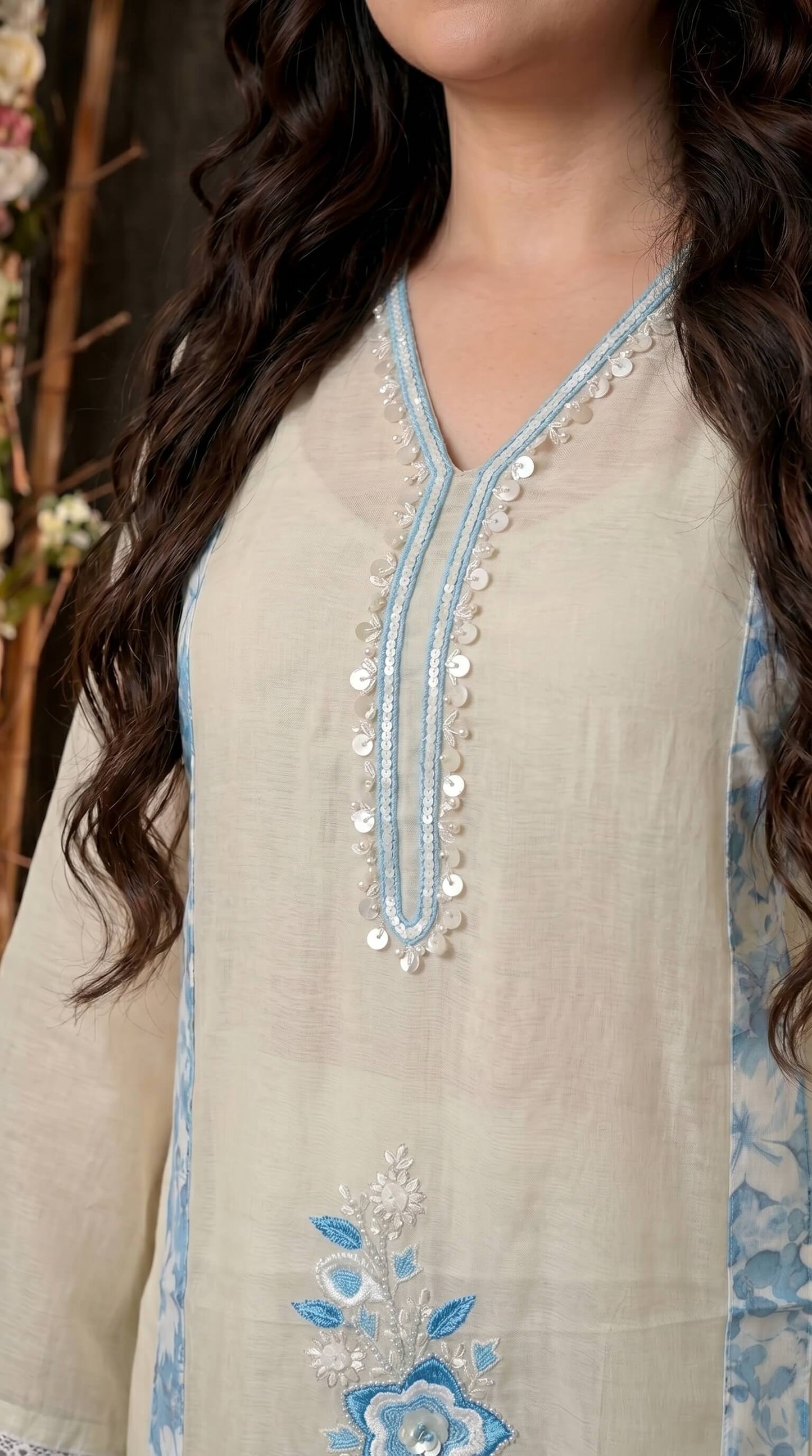 Soft Mull Cotton Pakistani Suit with Blue Floral Borders & Lace Detailing