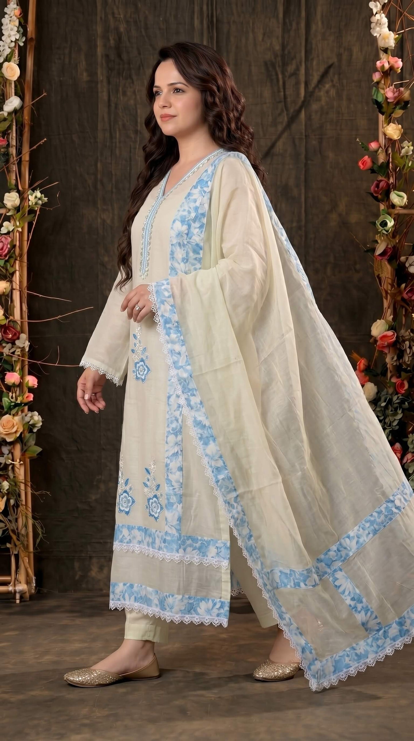 Soft Mull Cotton Pakistani Suit with Blue Floral Borders & Lace Detailing