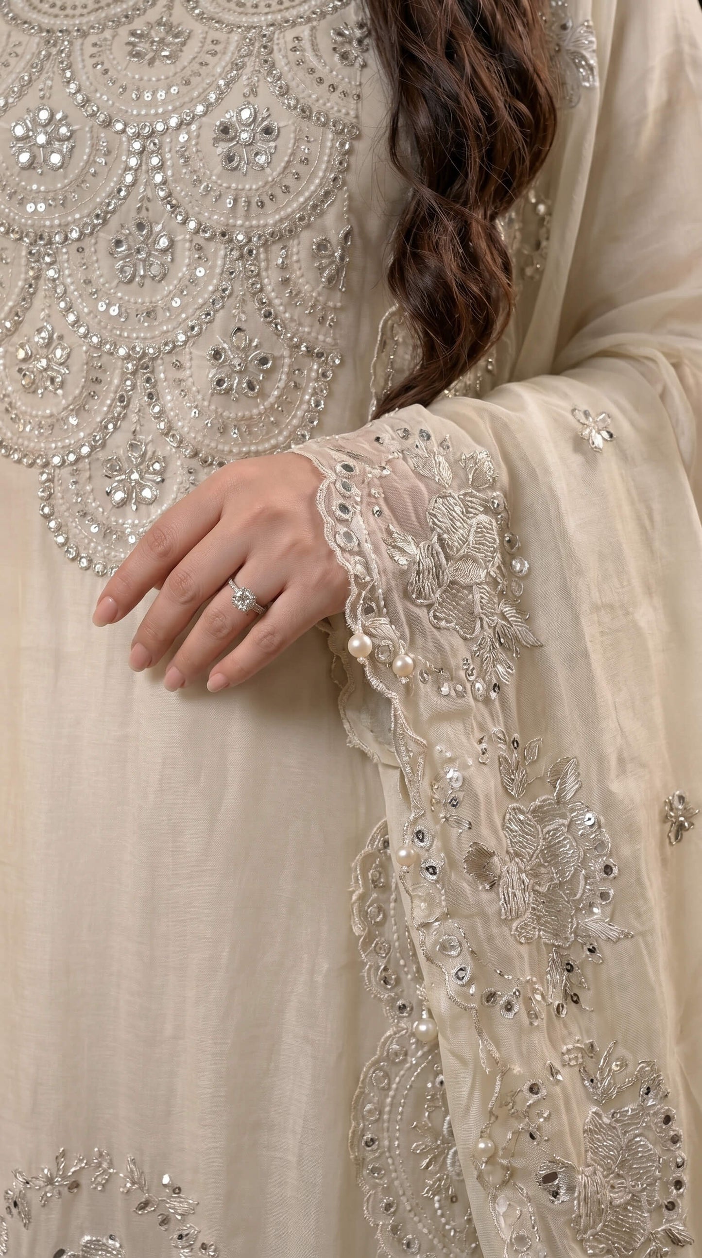 Luxury Pakistani Tissue Suit with Heavy Mirror Embroidery & Pearl Work