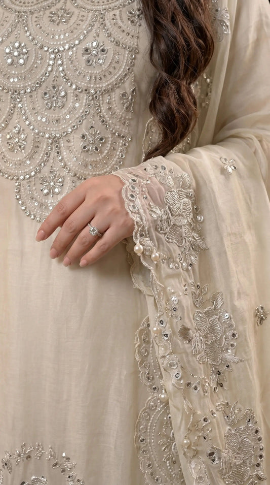 Luxury Pakistani Tissue Suit with Heavy Mirror Embroidery & Pearl Work