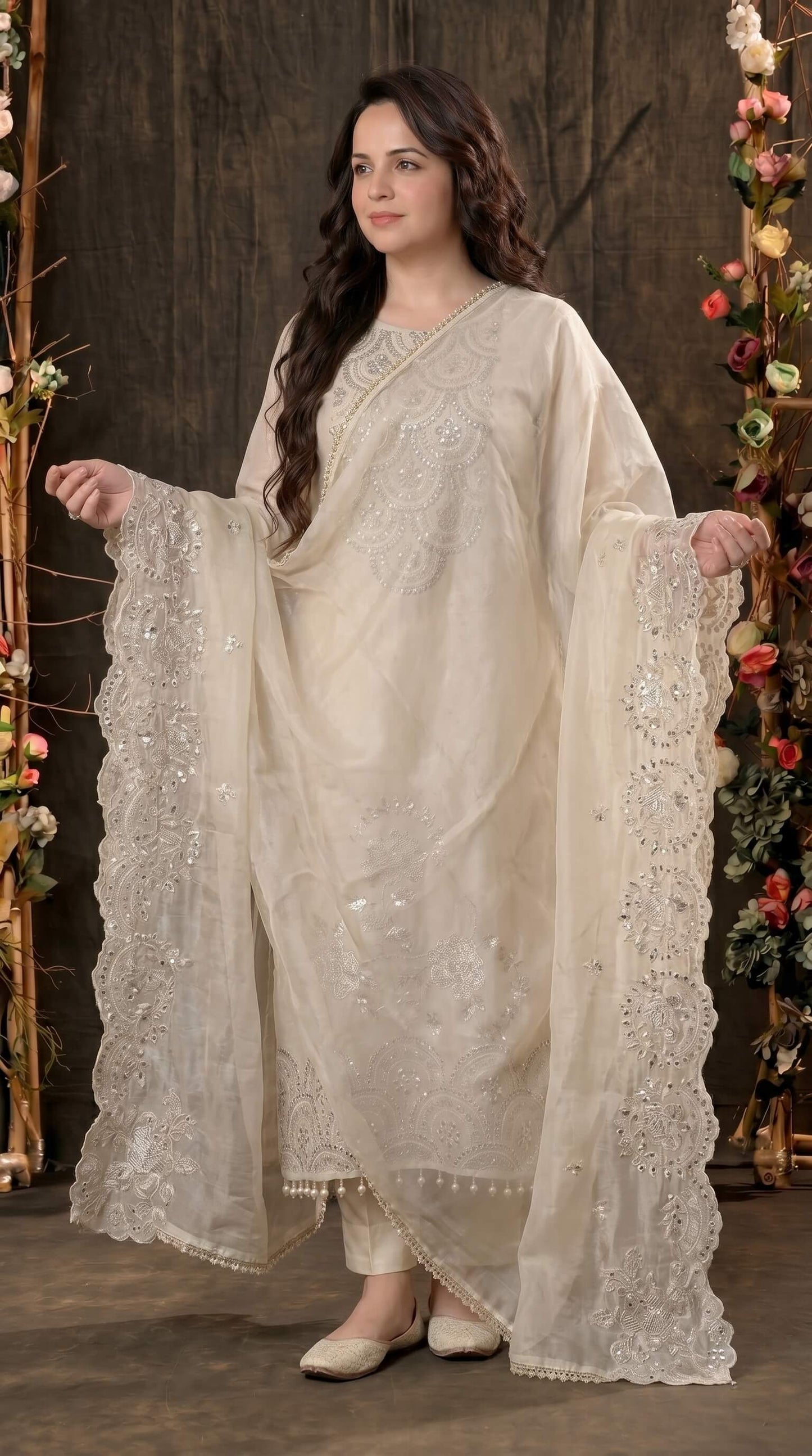 Luxury Pakistani Tissue Suit with Heavy Mirror Embroidery & Pearl Work