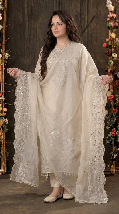 Luxury Pakistani Tissue Suit with Heavy Mirror Embroidery & Pearl Work