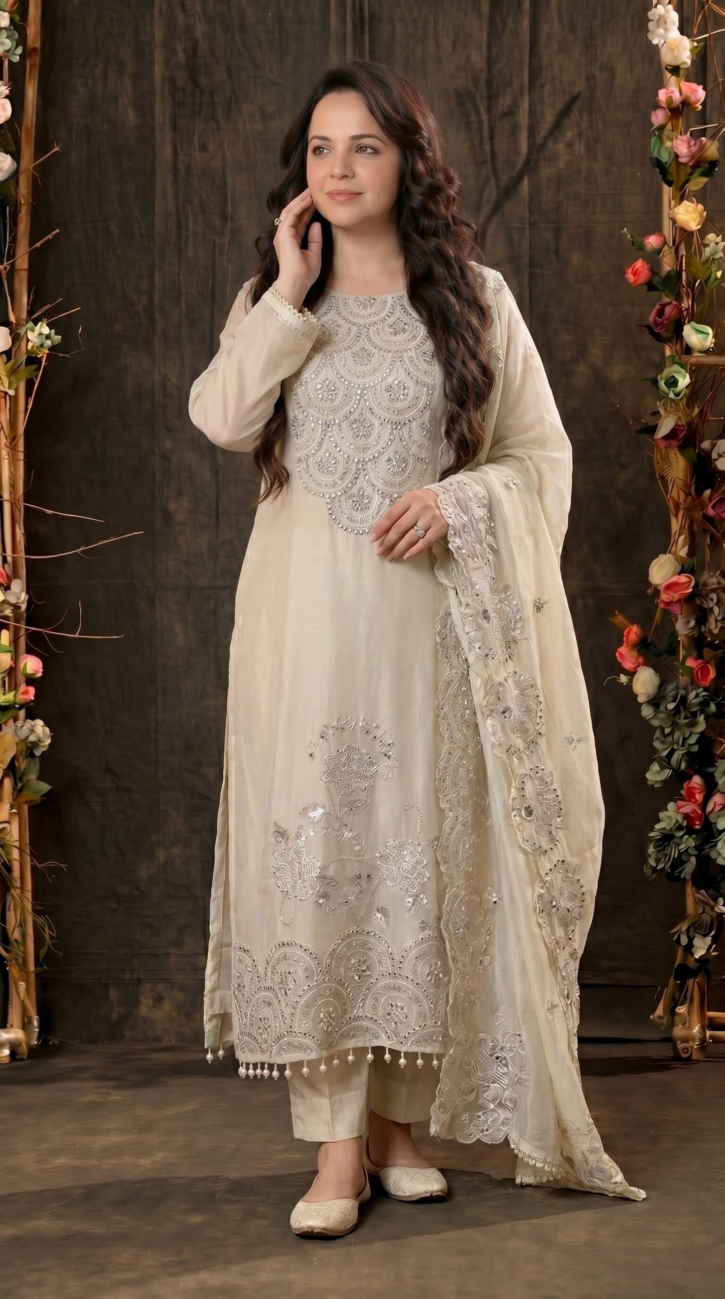 Luxury Pakistani Tissue Suit with Heavy Mirror Embroidery & Pearl Work