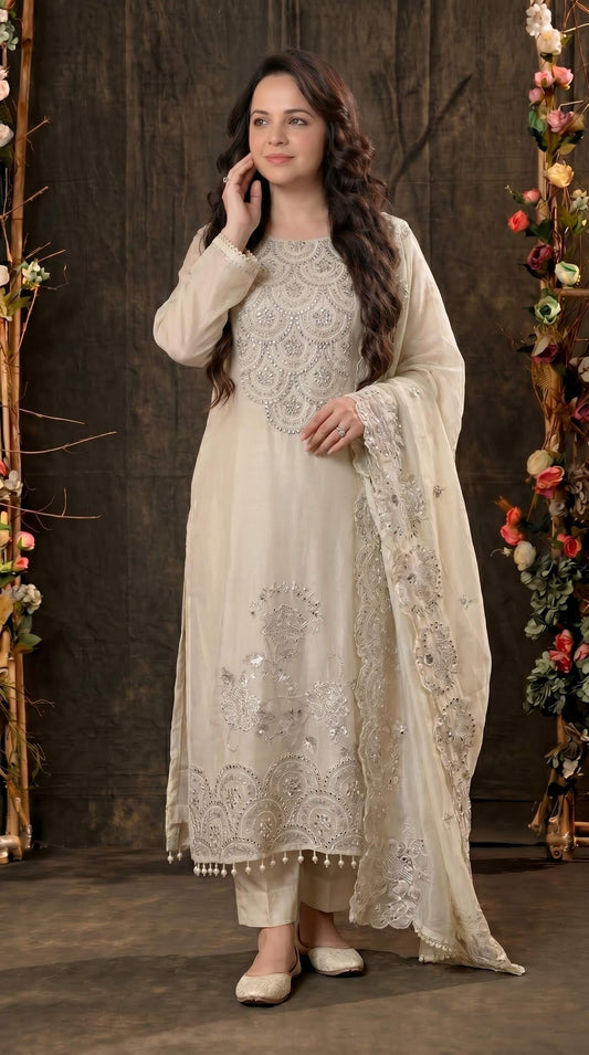 Luxury Pakistani Tissue Suit with Heavy Mirror Embroidery & Pearl Work