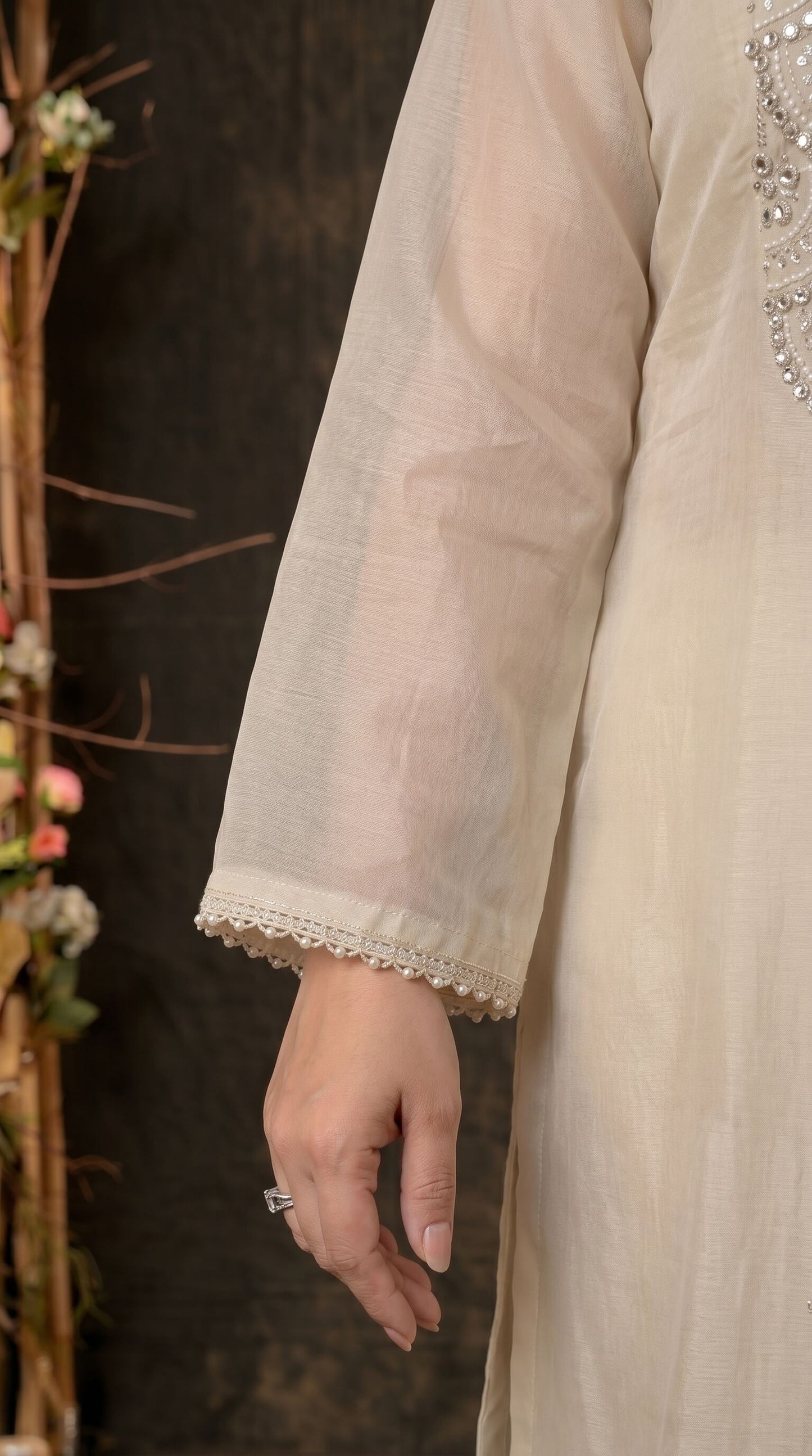 Luxury Pakistani Tissue Suit with Heavy Mirror Embroidery & Pearl Work