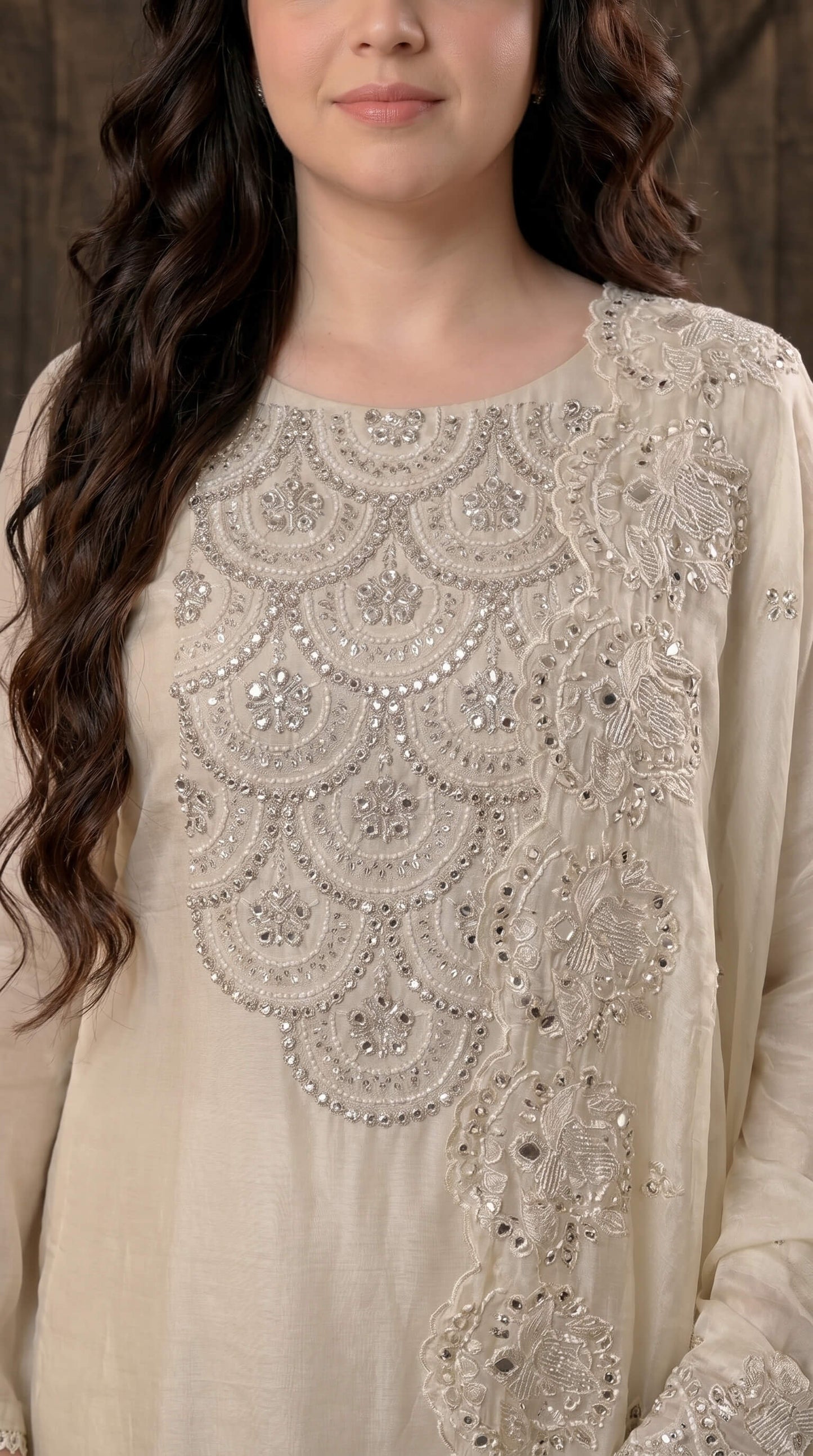 Luxury Pakistani Tissue Suit with Heavy Mirror Embroidery & Pearl Work