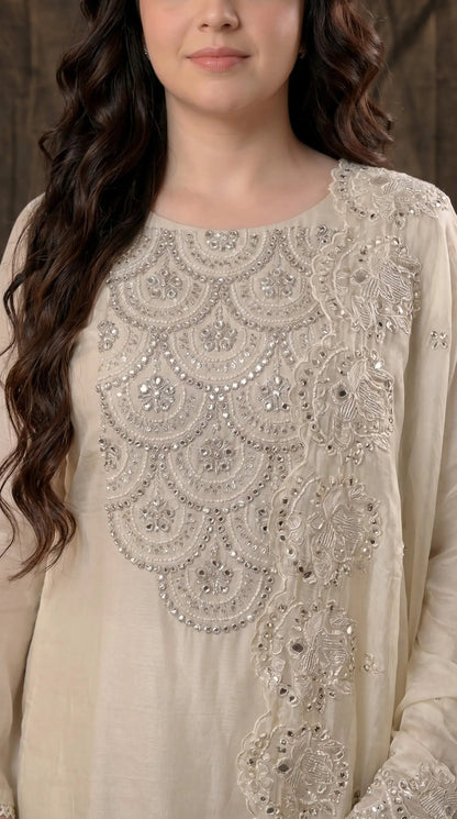 Luxury Pakistani Tissue Suit with Heavy Mirror Embroidery & Pearl Work