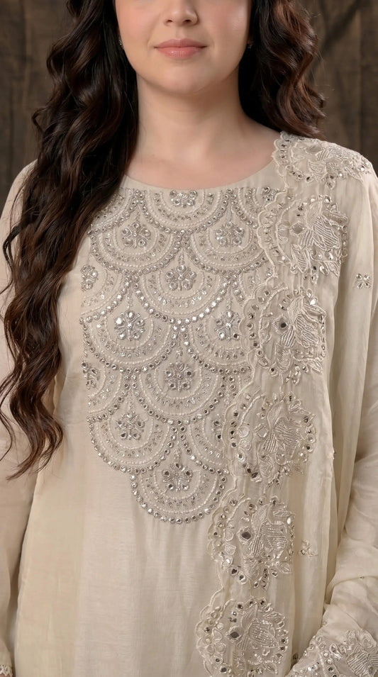 Luxury Pakistani Tissue Suit with Heavy Mirror Embroidery & Pearl Work