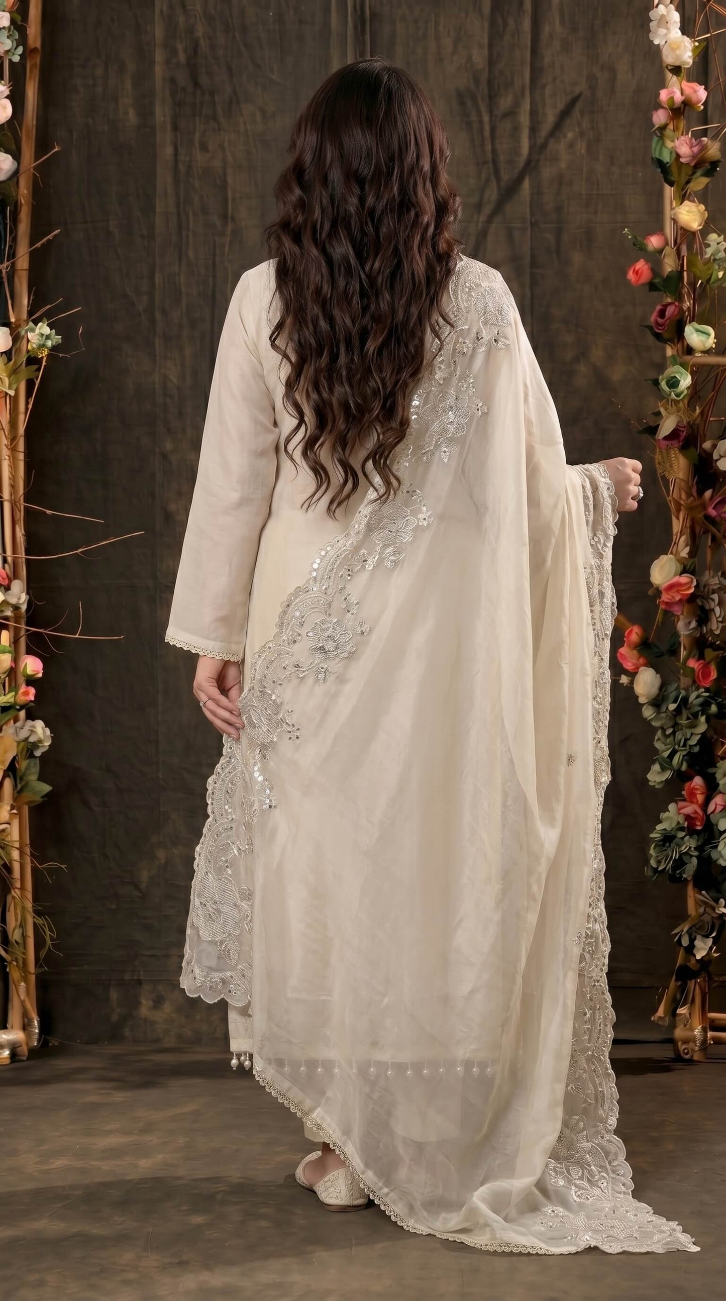 Luxury Pakistani Tissue Suit with Heavy Mirror Embroidery & Pearl Work