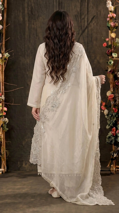 Luxury Pakistani Tissue Suit with Heavy Mirror Embroidery & Pearl Work