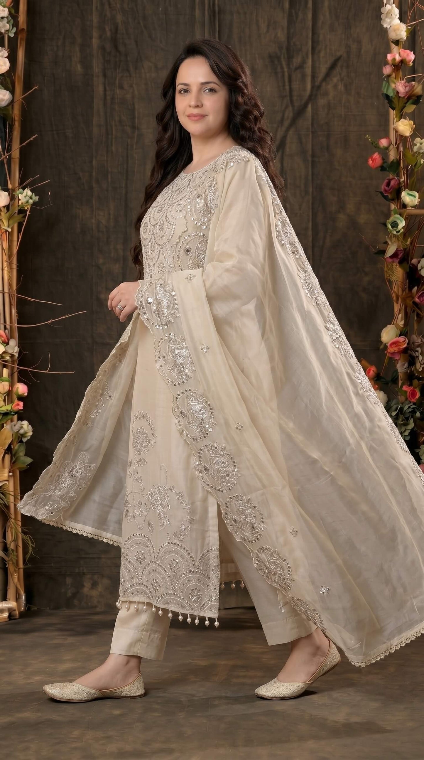 Luxury Pakistani Tissue Suit with Heavy Mirror Embroidery & Pearl Work