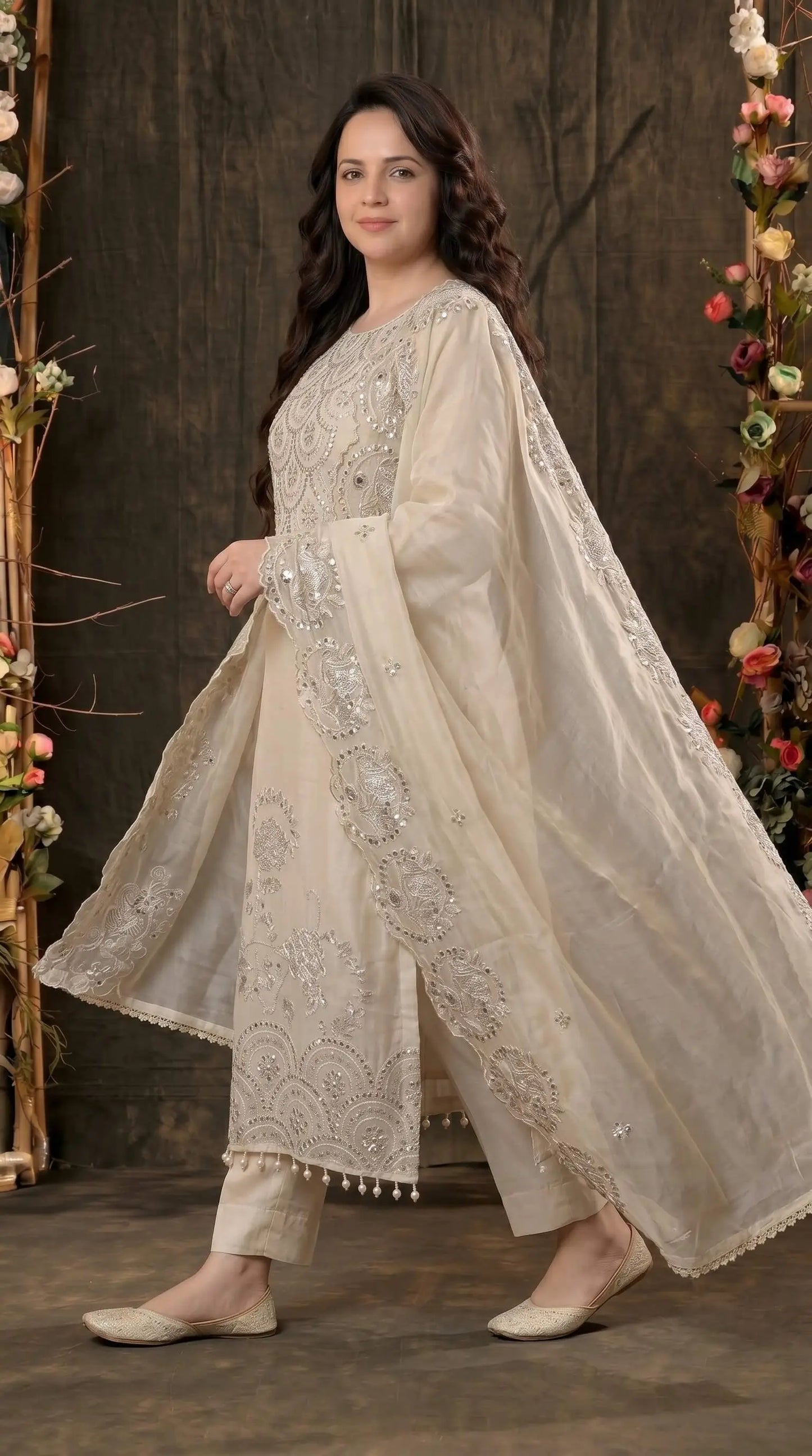 Luxury Pakistani Tissue Suit with Heavy Mirror Embroidery & Pearl Work