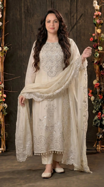 Luxury Pakistani Tissue Suit with Heavy Mirror Embroidery & Pearl Work