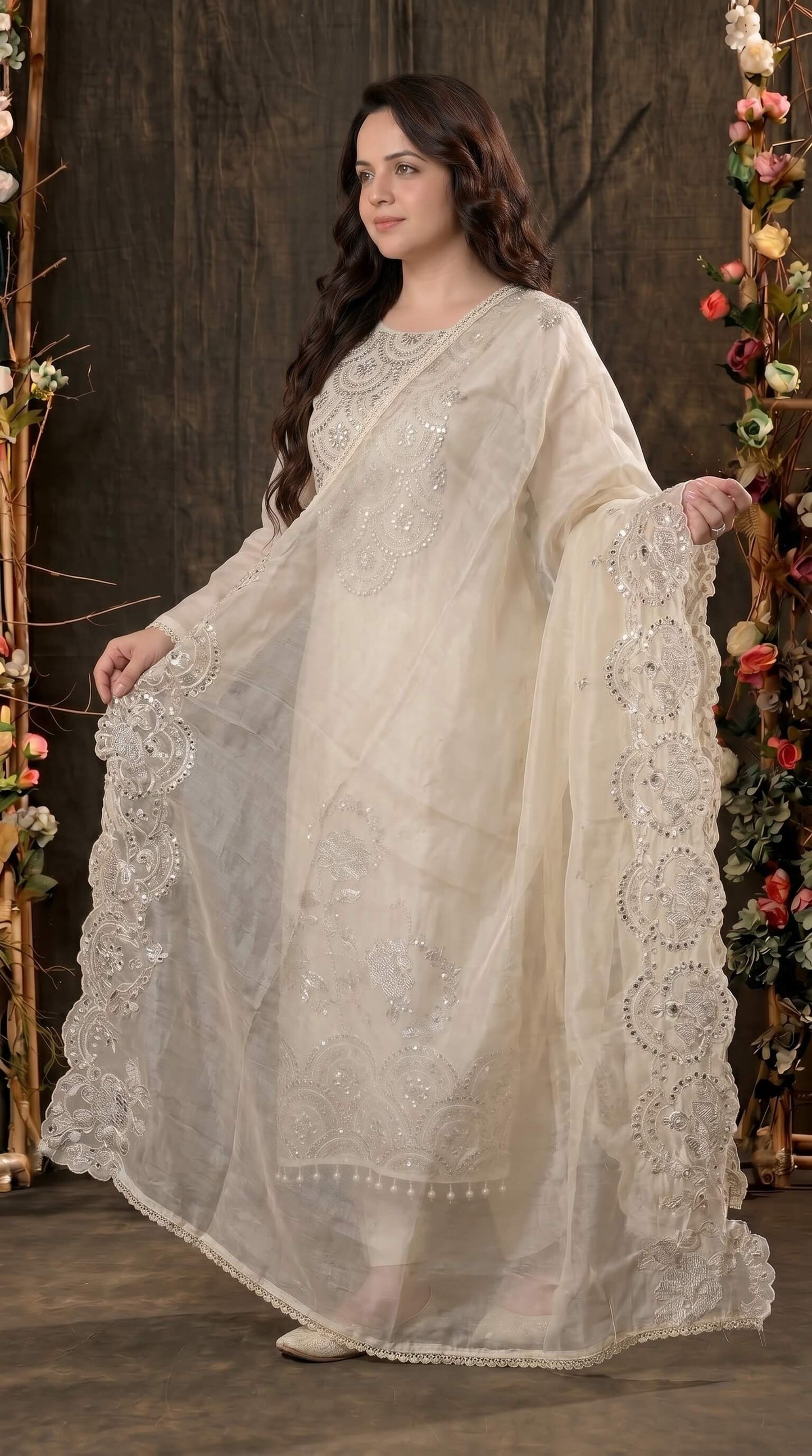 Luxury Pakistani Tissue Suit with Heavy Mirror Embroidery & Pearl Work