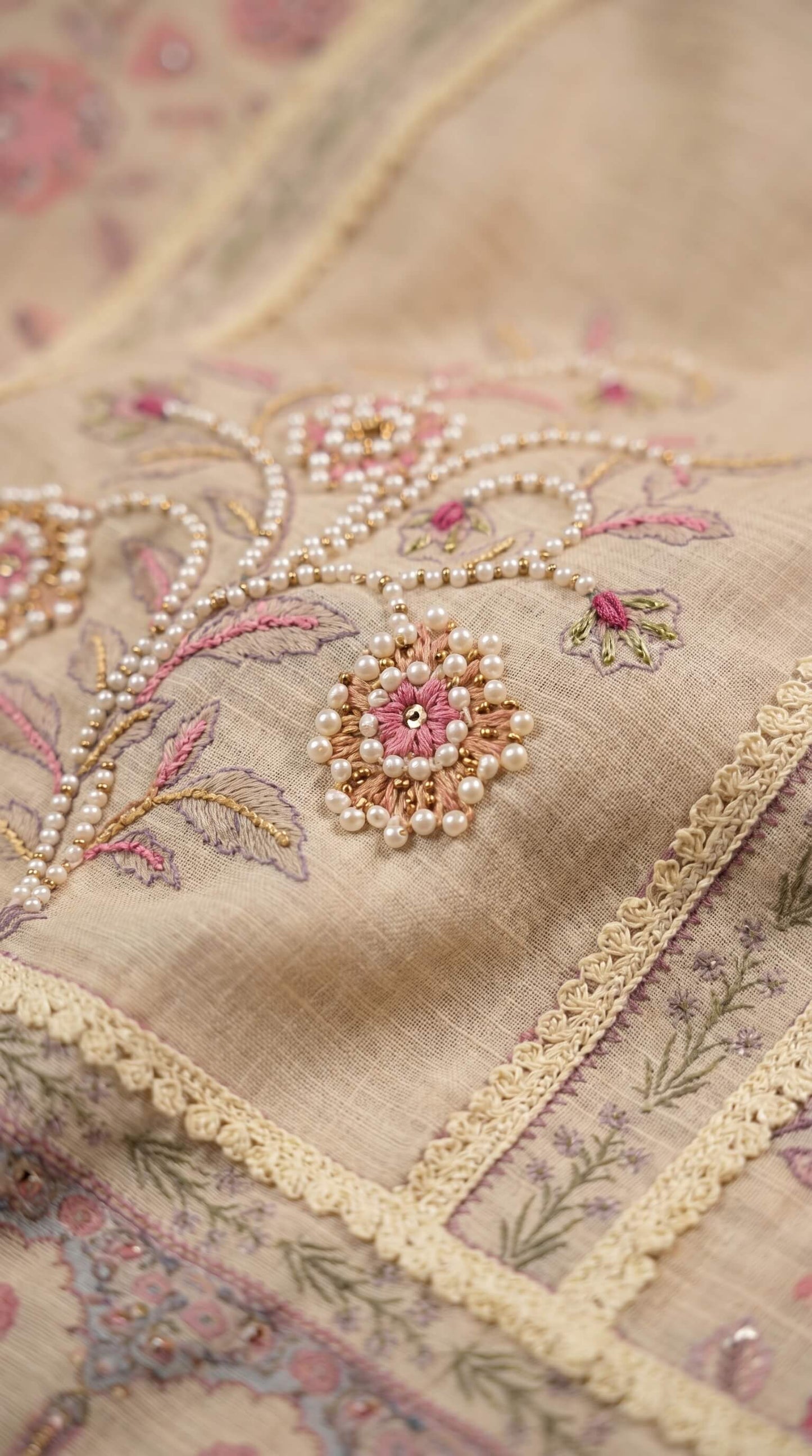 Luxury Pakistani Linen Cotton Suit with Floral Print & Lace Work