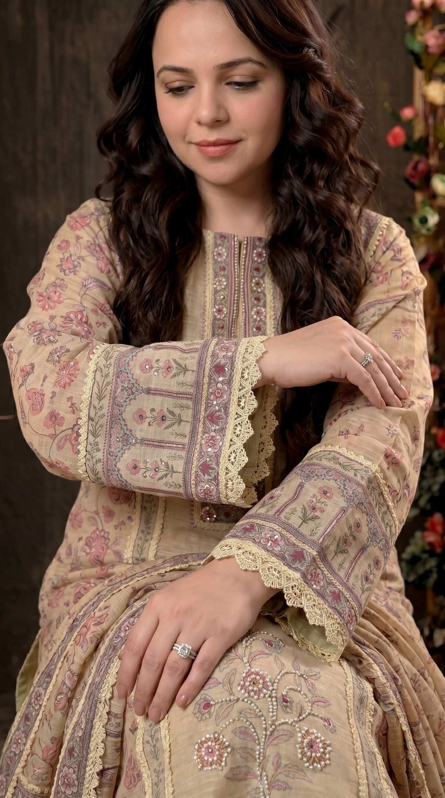 Luxury Pakistani Linen Cotton Suit with Floral Print & Lace Work