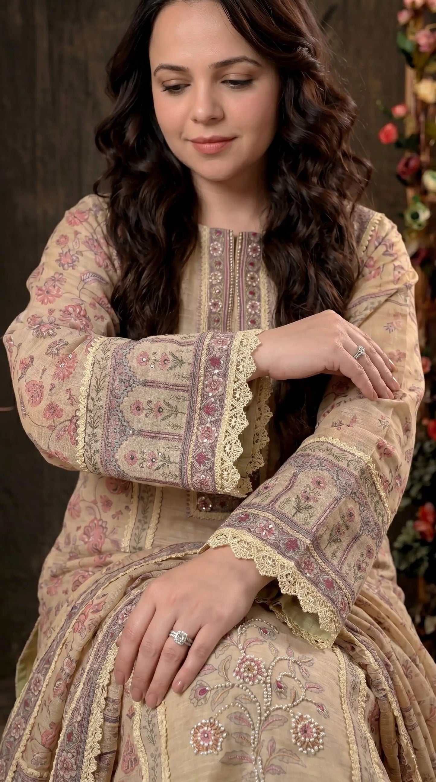Luxury Pakistani Linen Cotton Suit with Floral Print & Lace Work