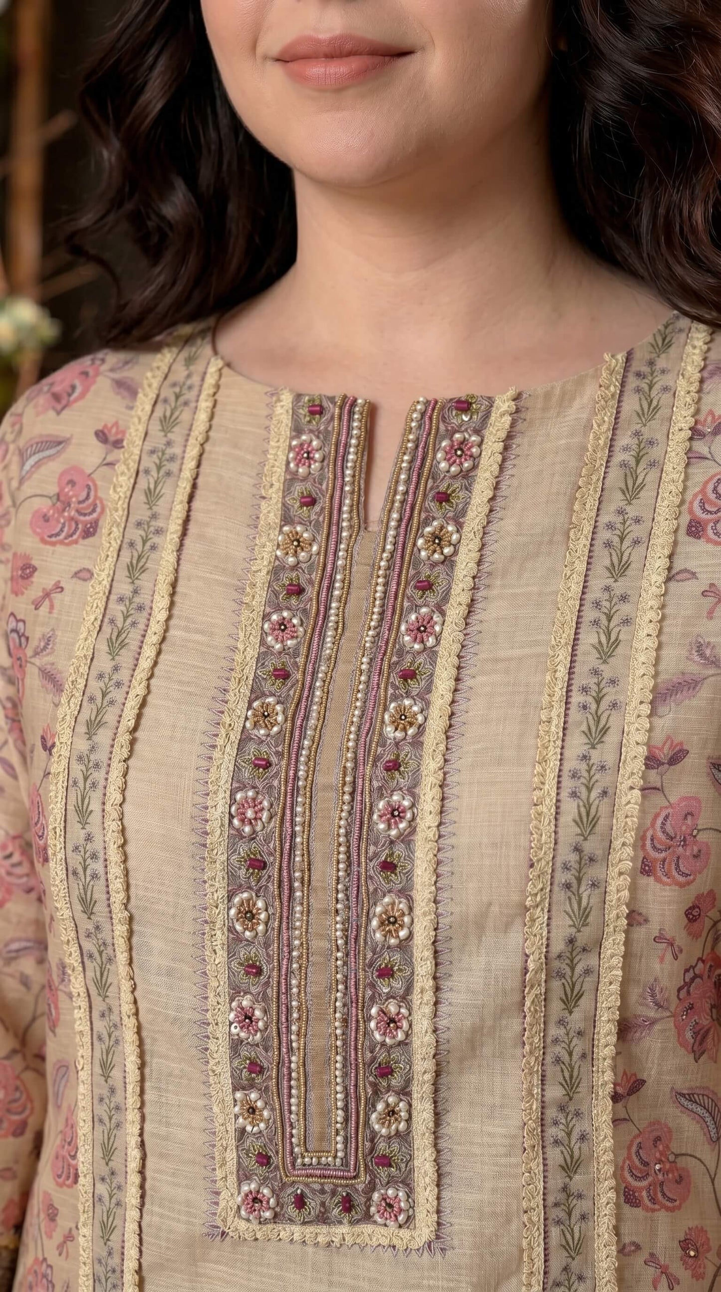 Luxury Pakistani Linen Cotton Suit with Floral Print & Lace Work