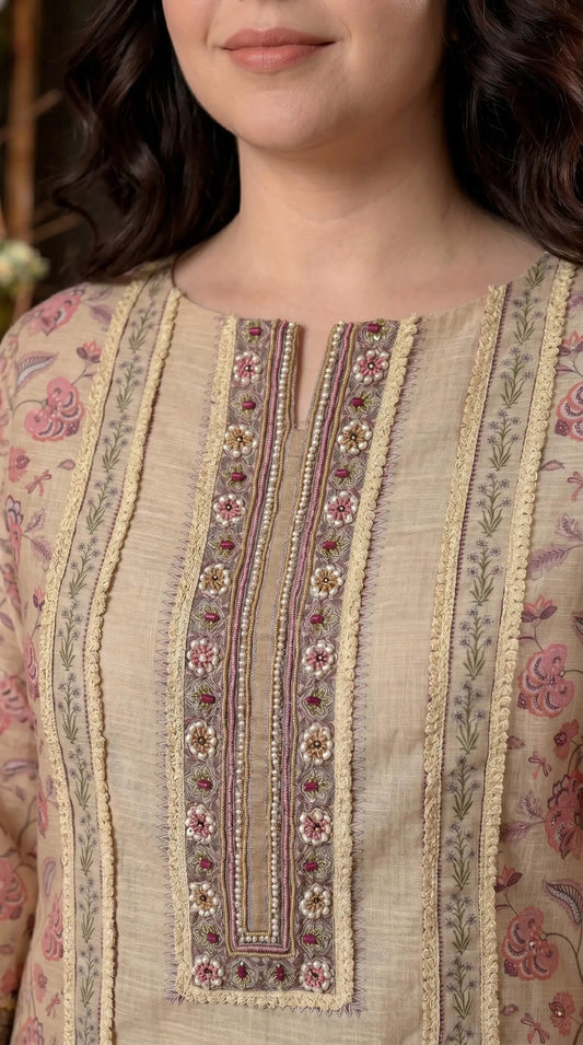 Luxury Pakistani Linen Cotton Suit with Floral Print & Lace Work