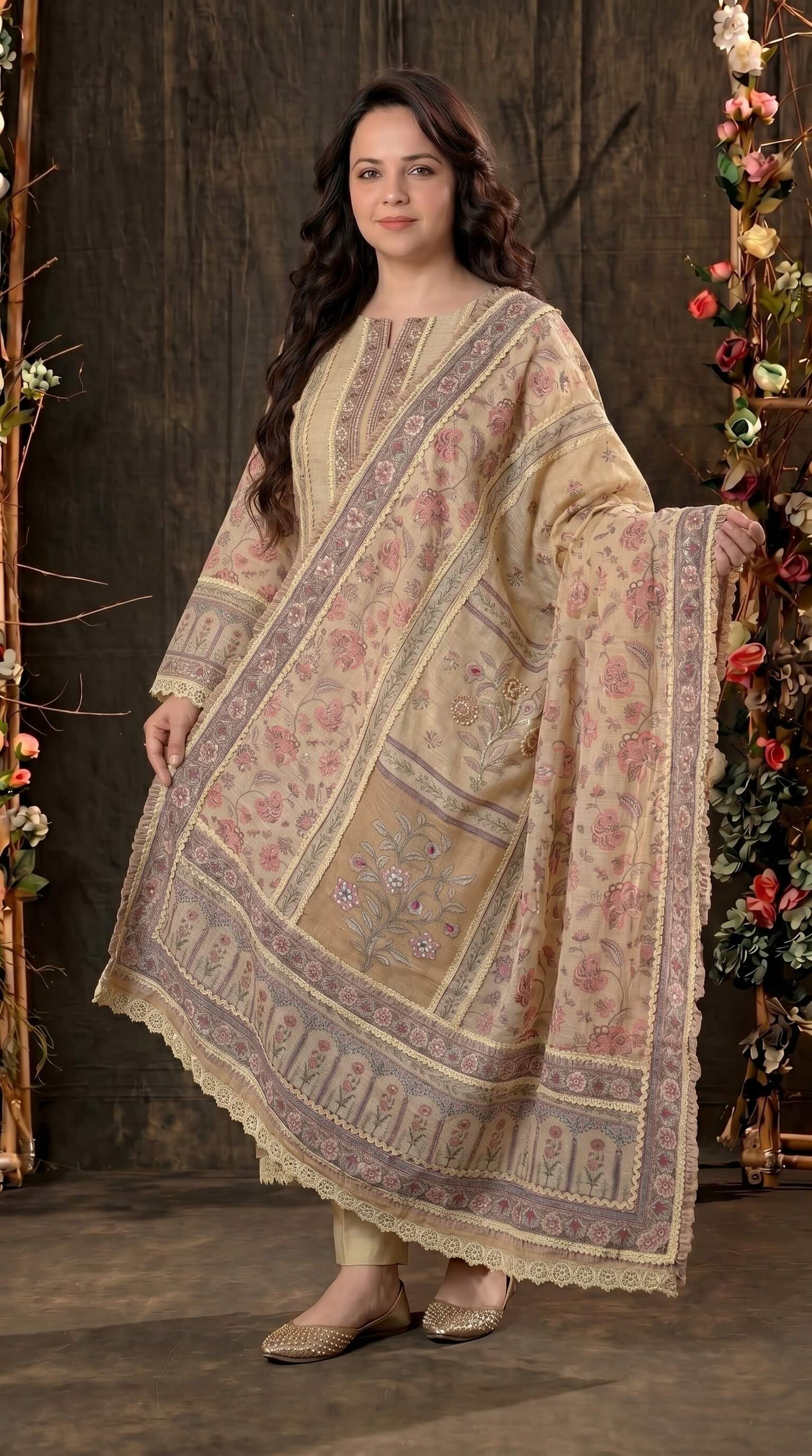 Luxury Pakistani Linen Cotton Suit with Floral Print & Lace Work