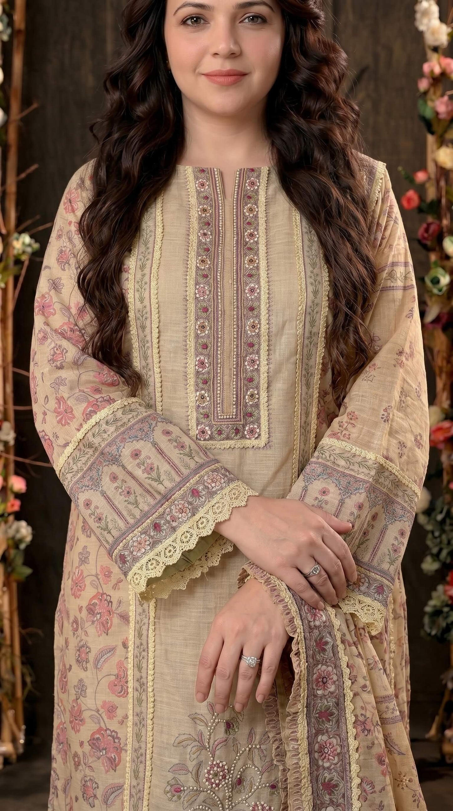 Luxury Pakistani Linen Cotton Suit with Floral Print & Lace Work