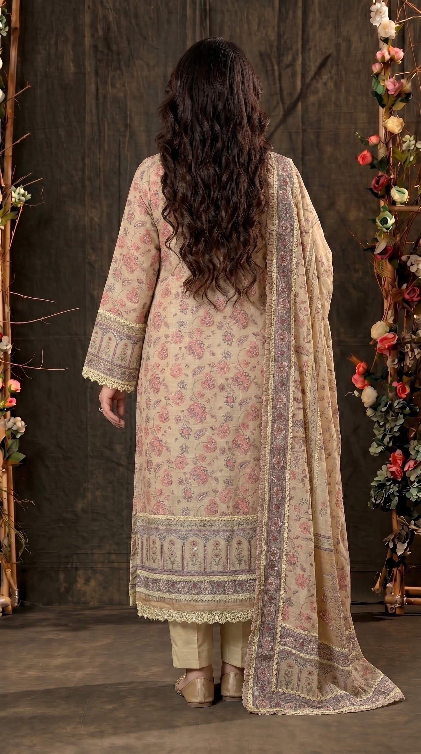 Luxury Pakistani Linen Cotton Suit with Floral Print & Lace Work