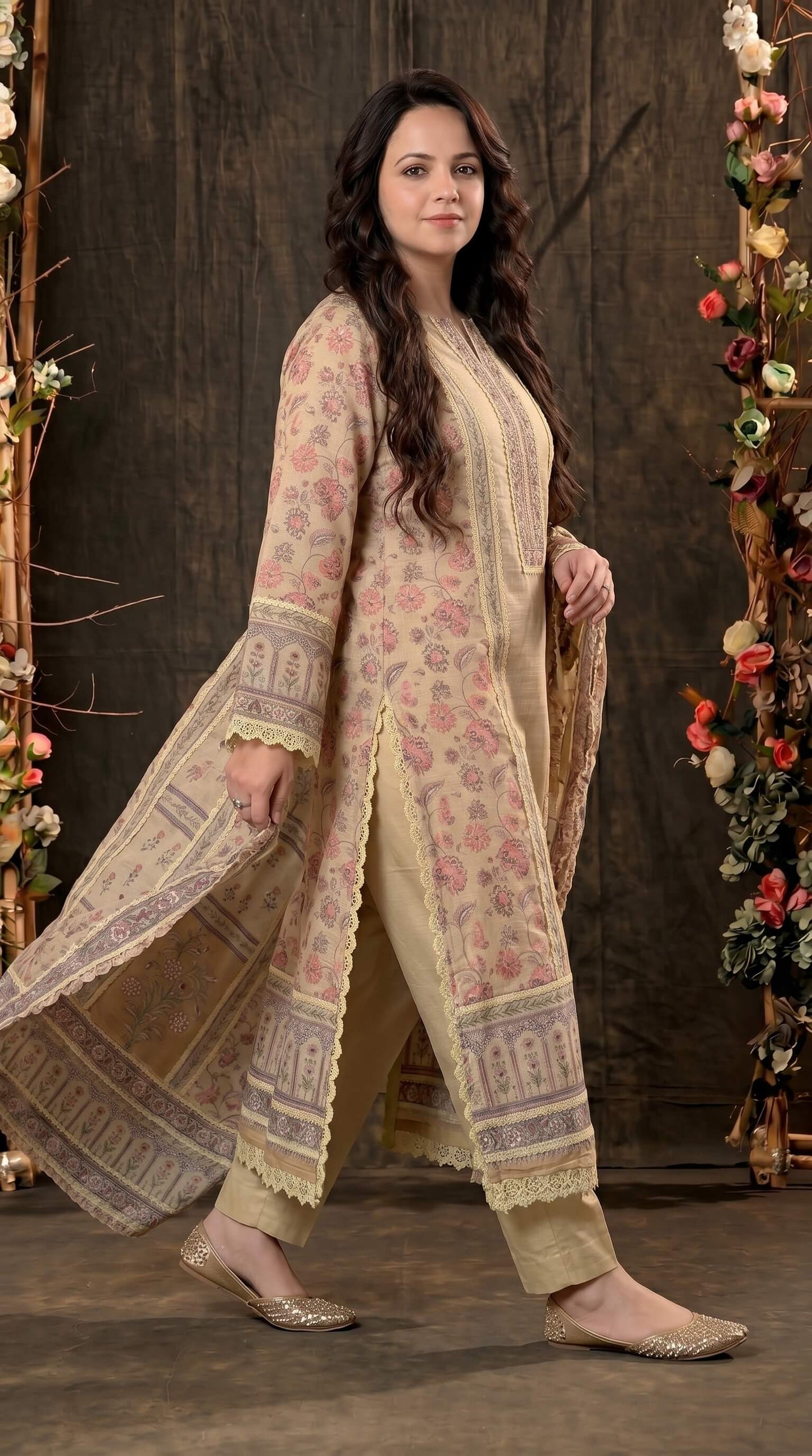 Luxury Pakistani Linen Cotton Suit with Floral Print & Lace Work