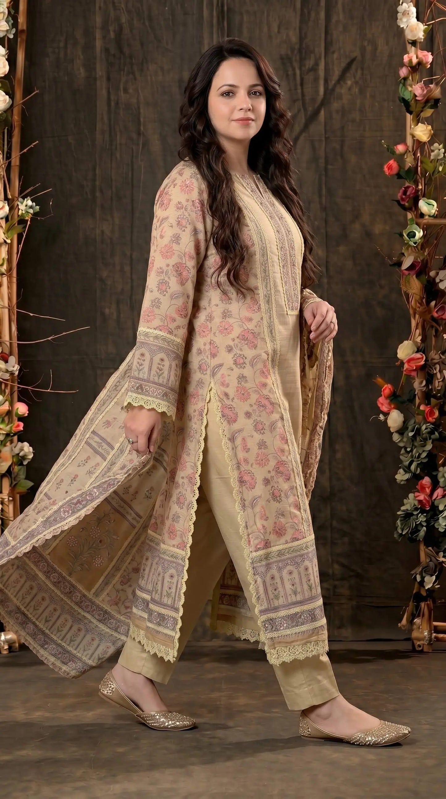 Luxury Pakistani Linen Cotton Suit with Floral Print & Lace Work