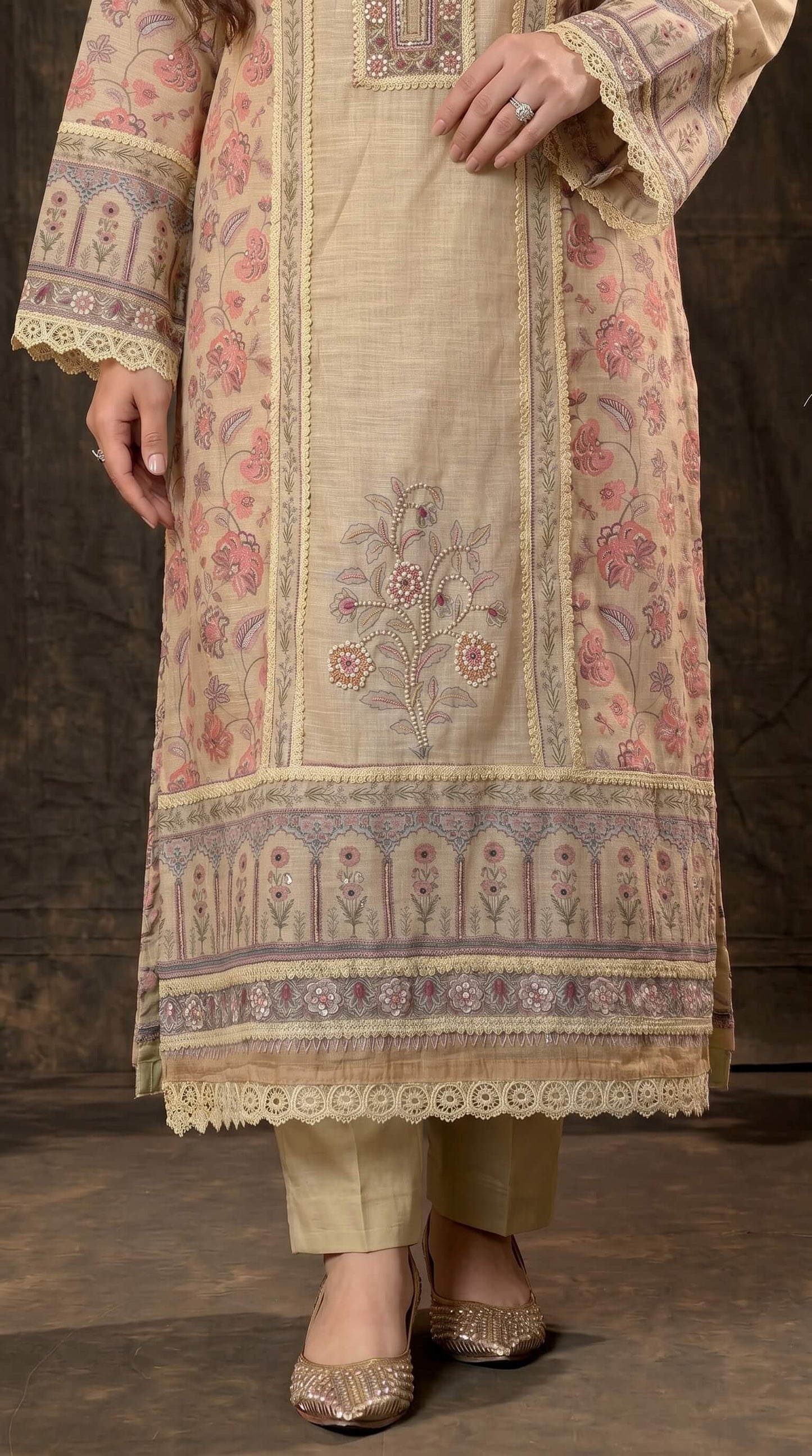 Luxury Pakistani Linen Cotton Suit with Floral Print & Lace Work