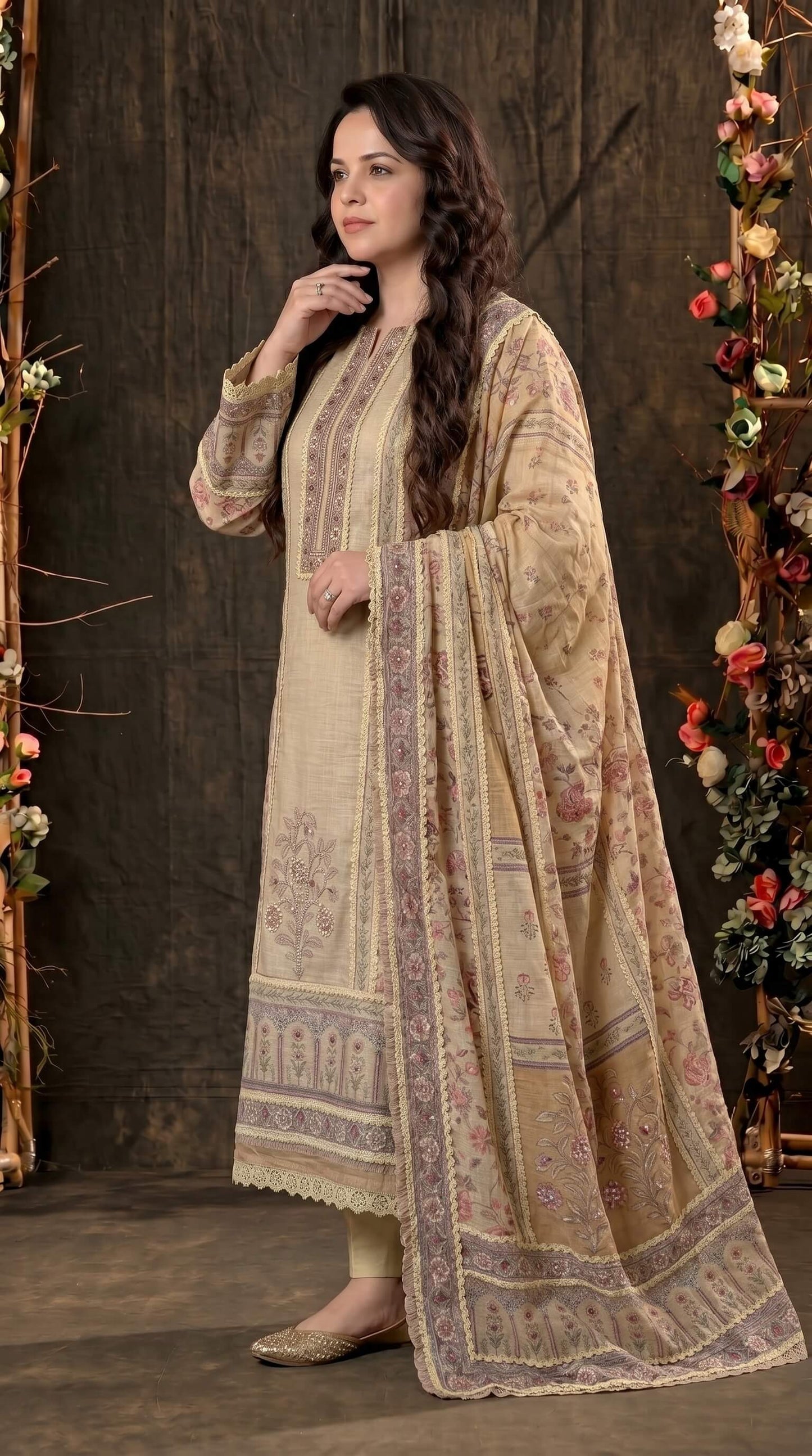 Luxury Pakistani Linen Cotton Suit with Floral Print & Lace Work