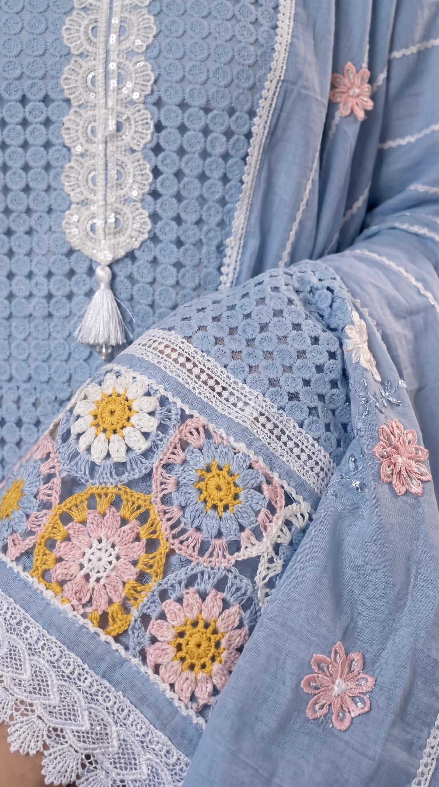 Sky Blue Crochet Embroidered Pakistani Jute Mull Suit
